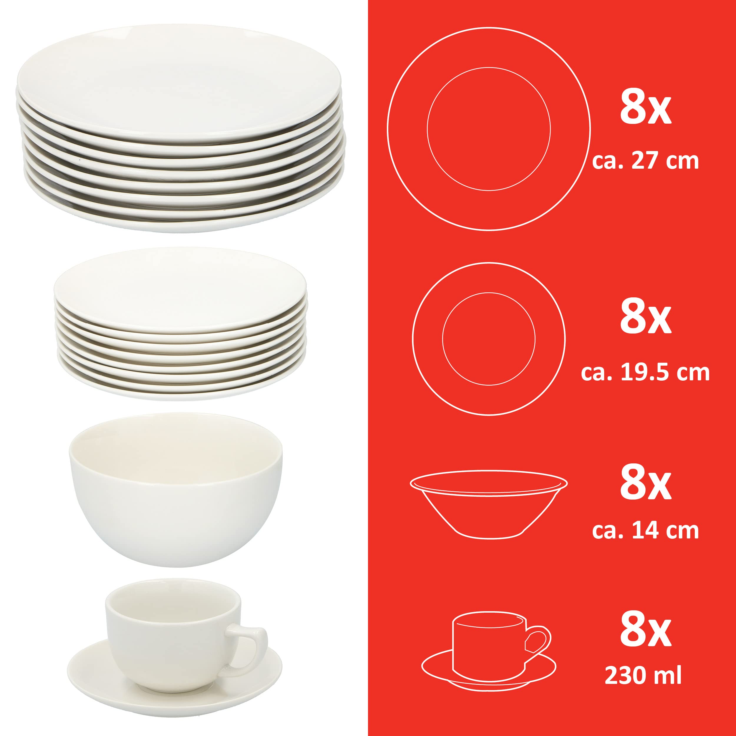 alpina Set Piatti per 8 Persone - Servizio Piatti Ceramica di 40 Pezzi - con Piatti per Colazione, Piatti da Pranzo, Ciotole, Tazze e Saucer - Adatto per Lavastoviglie e Microonde - Bianco