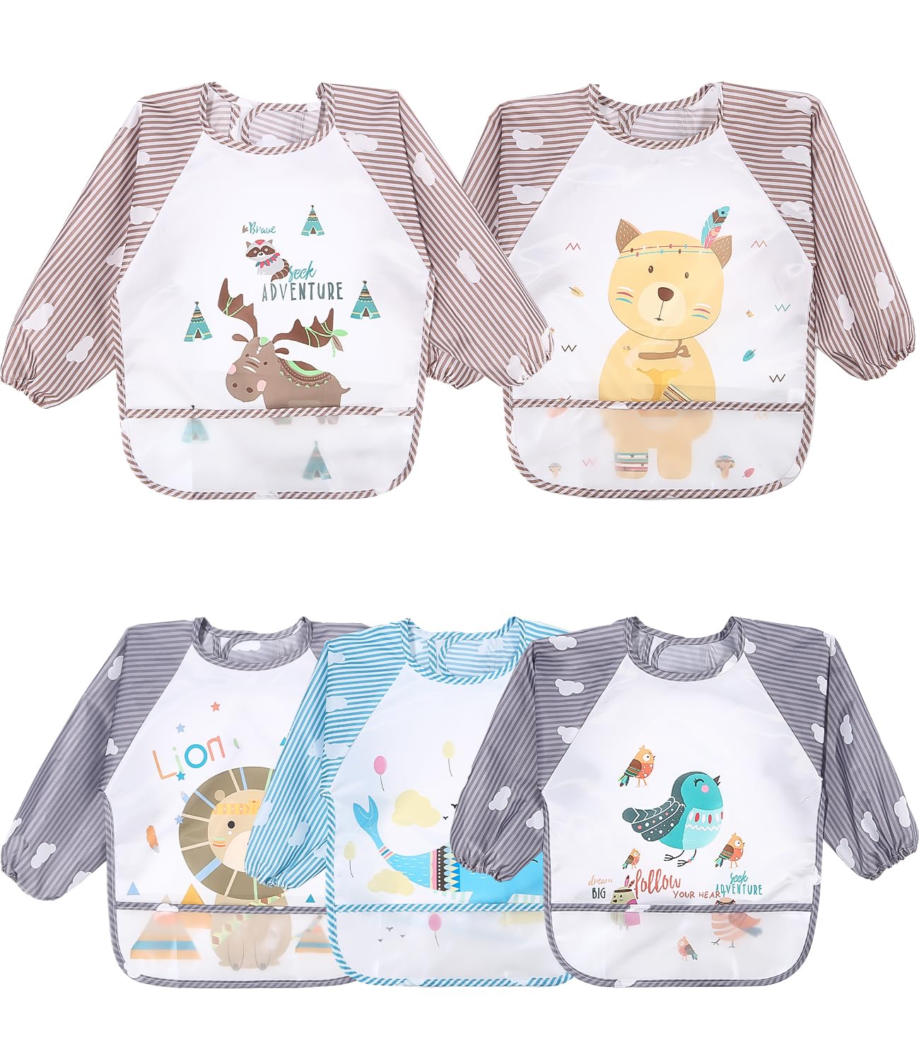 Conjunto de 5 Abero con Mangas Impermeable,Babero de Manga Larga de Bebé con Bolsillo Recoge Comida,con Mangas Impermeable Delantal de Bebé Lavables,para Pintar Artes Bebe Unisex 6 a 36 Meses