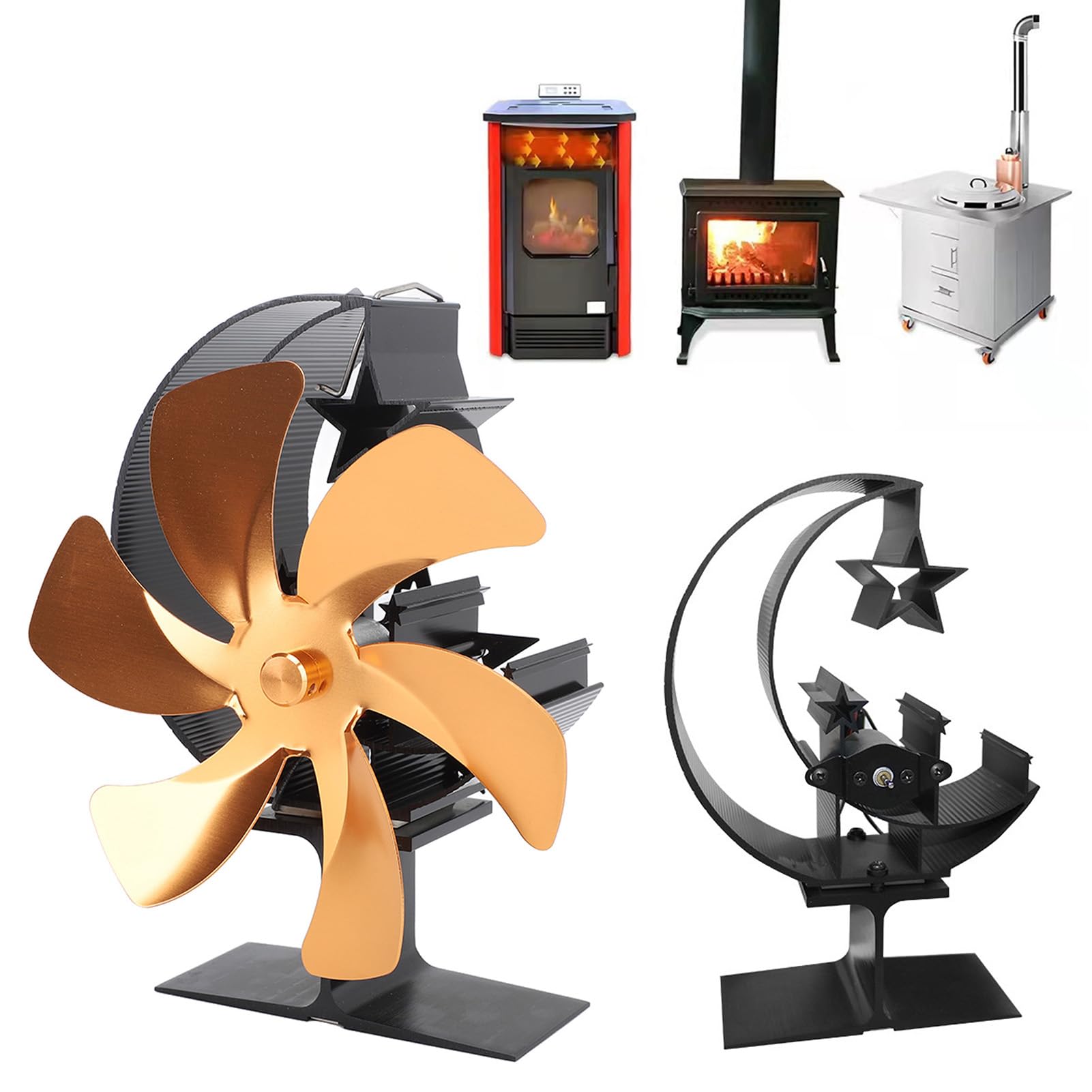 Zerodis Ventilatore per Stufa a Legna, Ventilatore per Camino a 6 Pale, Alimentato a Calore, Non Elettrico, con Circolazione del Rapida e Forma a Mezzaluna, Termoelettrico p (GOLD)