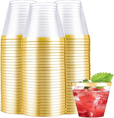 Miniatura 10 de Nervure 120 vasos de plástico dorados  Vasos de plástico con borde dorado de 9 onzas  Taza transparente desechable resistente con borde dorado