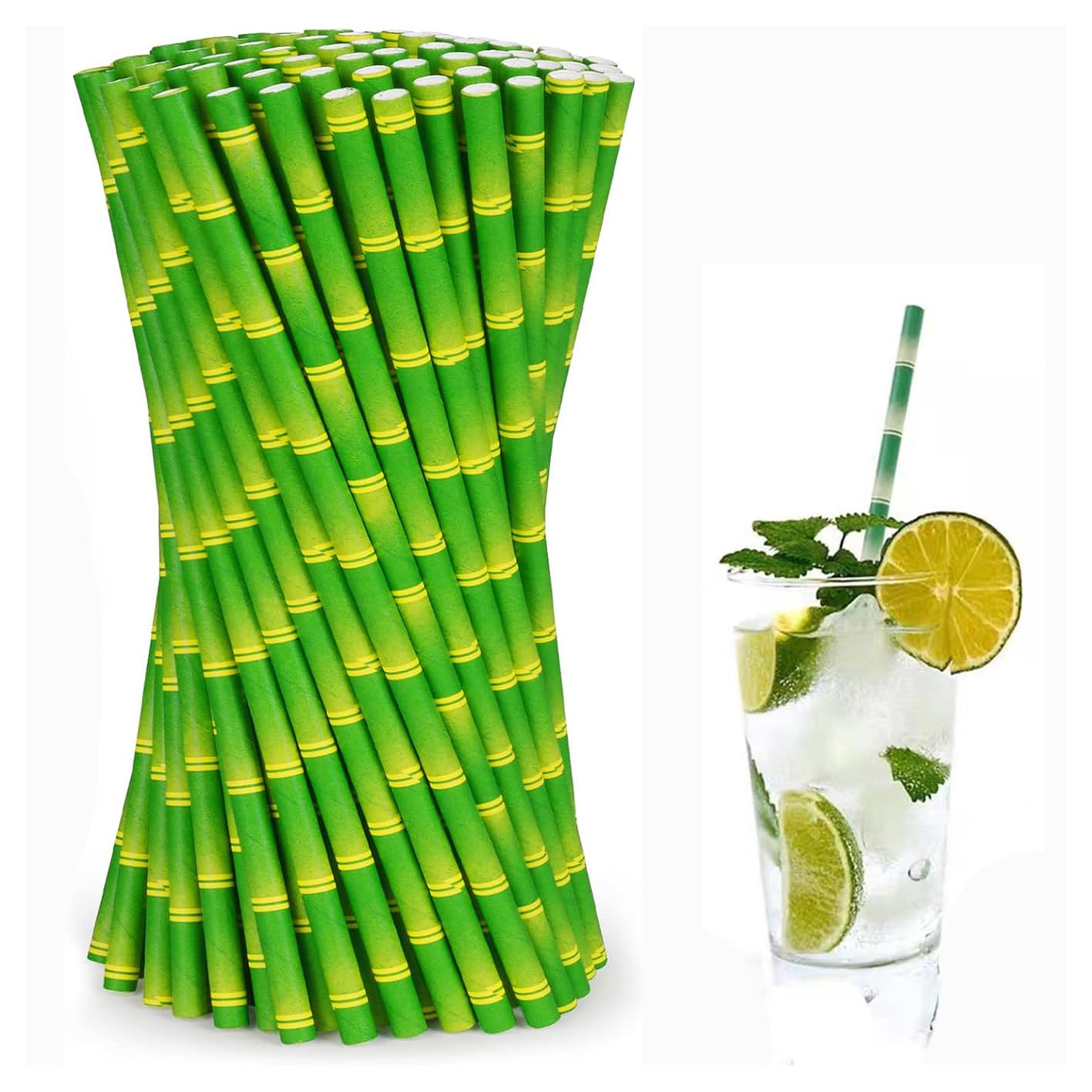 Zpeiran Green Paper Straw,100 Pieces Bamboo Paper Straw,Flexible Disposable Paper Straw,For Cocktails,Lemonades,Juices,Beverages