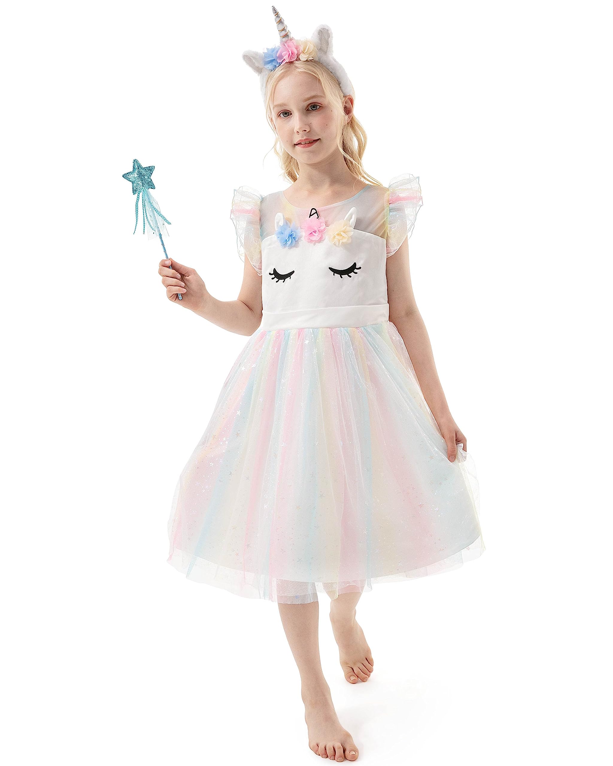corimori Bequemes Einhorn Kleid für Mädchen mit Flügeln, Haarreif, Glitzer Zauberstab und Tattoos | Einhorn Kostüm Kinder