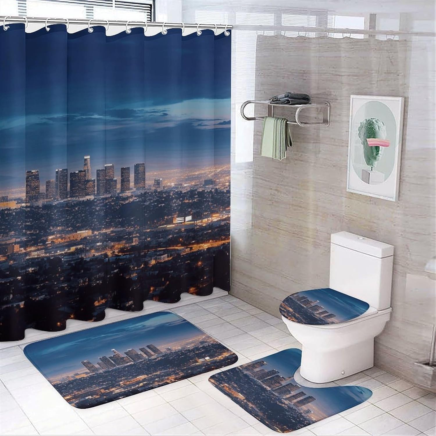 Los Angeles Skyline Shower Curtain Set 4 Piece, Non-Slip Bath Mat with Toilet Lid Cover and Waterproof Shower Curtain with 12 Hooks, Complete Bathroom Set for Home Decor