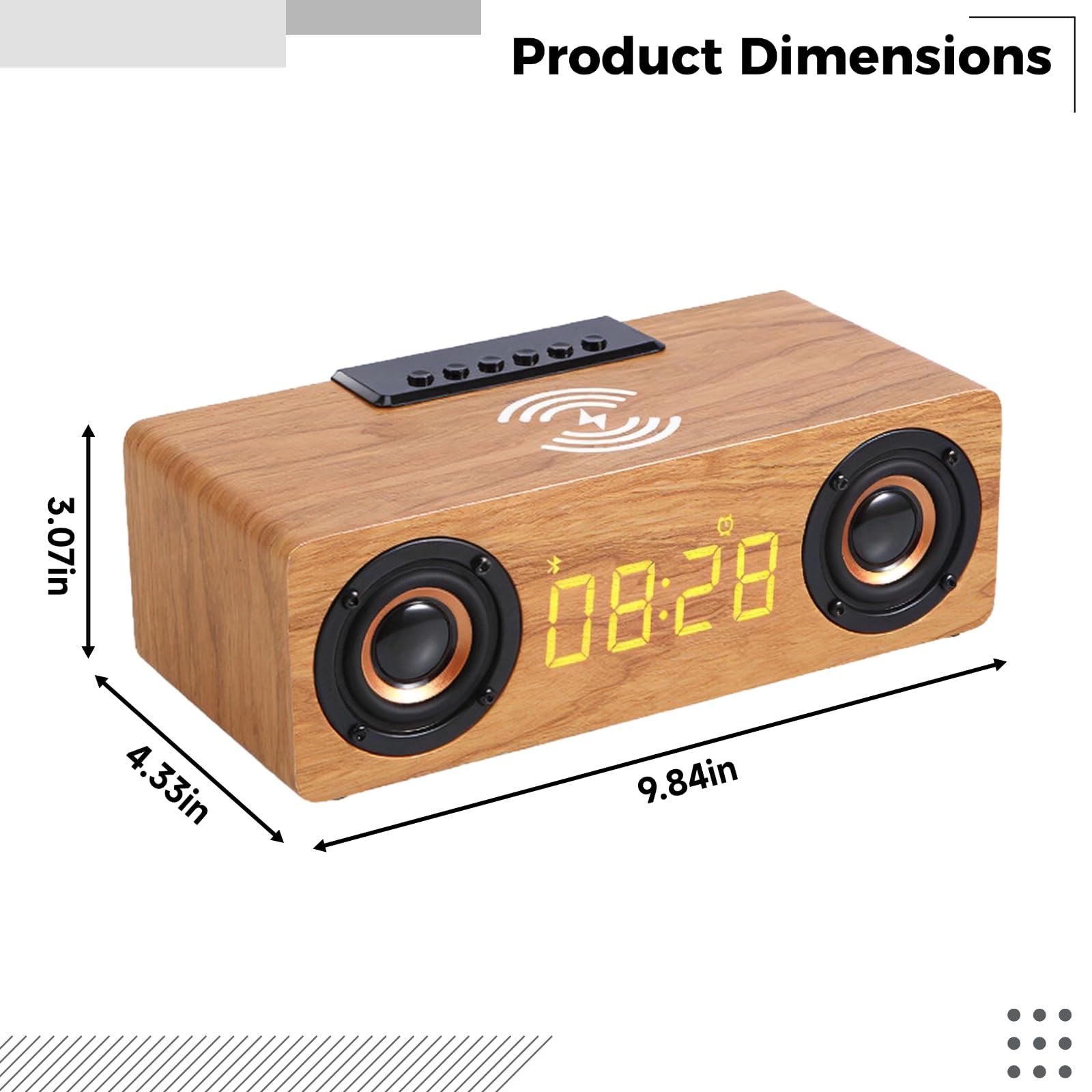 Elegante sveglia altoparlante in legno con ricarica wireless, 6 W, 9,3 x 4,3 x 3,1 pollici, design moderno per casa e ufficio