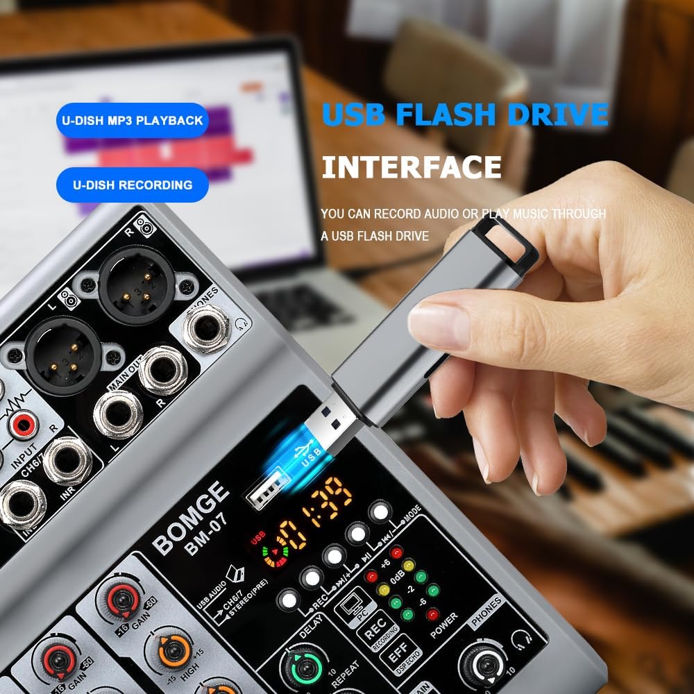 BOMGE BM-07 mixer with a USB flash drive inserted into the USB-A port, indicating U-Disk MP3 playback and U-Disk recording capabilities.