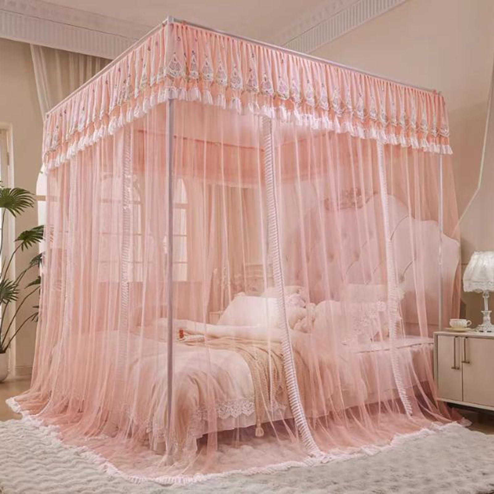 Generico Zanzariera a baldacchino Rosa da Terra - 4 Pali angolari, Design a 3 Ante, Accogliente e Traspirante per la Decorazione della Camera da Letto di Ragazze e Adulti, Dimensioni L 78,7" x P 59,1