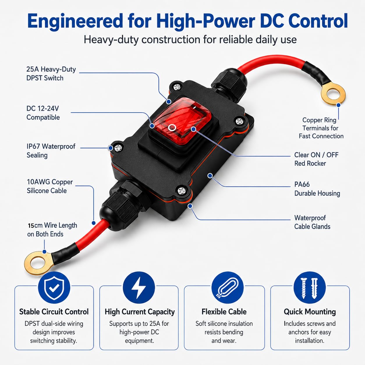 DC 12V Inline Switch, 25A DPST Inline Power Switch,Dual Side Wiring Switch | DC 12-24V Waterproof Inline Switchs IP67 .with 10 AWG Pure Copper Wire, On/Off Switch for Car, Boat, RV