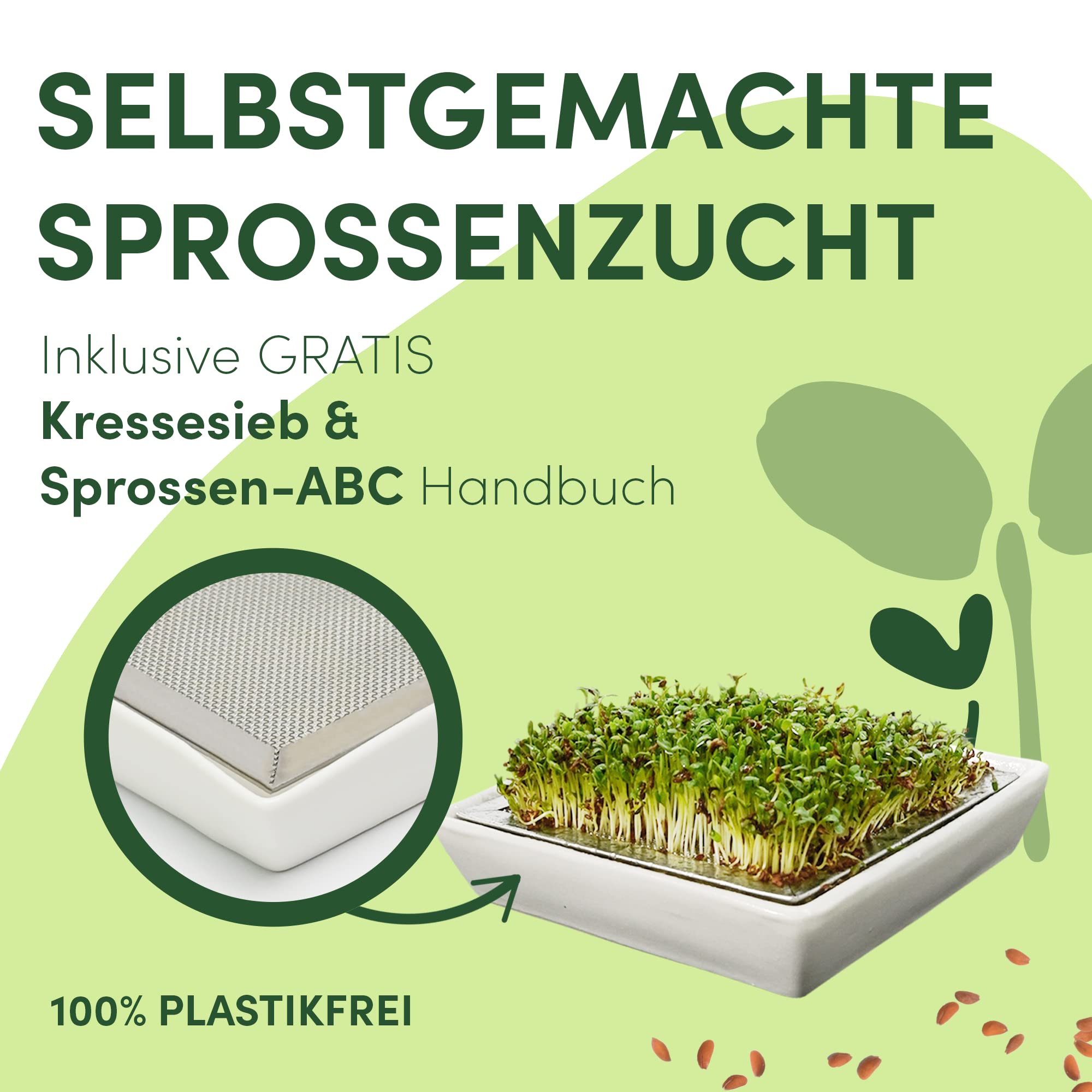 Green SEEDS Sitko do rzeżuchy, zestaw 1 misek do rzeżuchy, sitko ze stali nierdzewnej z wysokiej jakości miską ceramiczną, miska do uprawy 14 x 14 cm, nadaje się do mycia w zmywarce, nierdzewne +