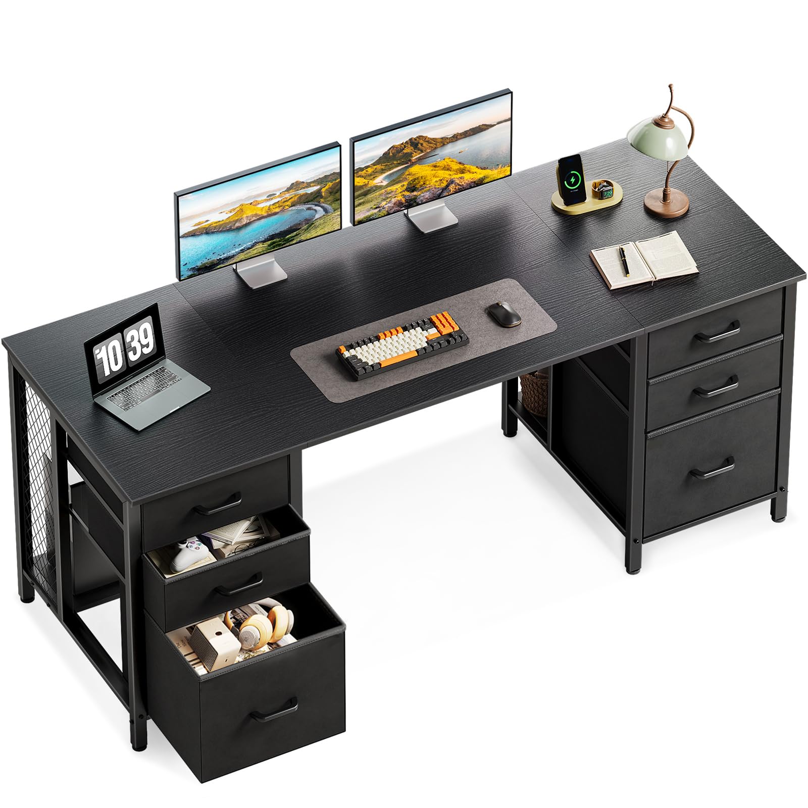 ODK 63 Inch Office Desk with 6 Fabric Drawers, Large Computer Desk for Home Office with Hidden Storage Shelves, Black