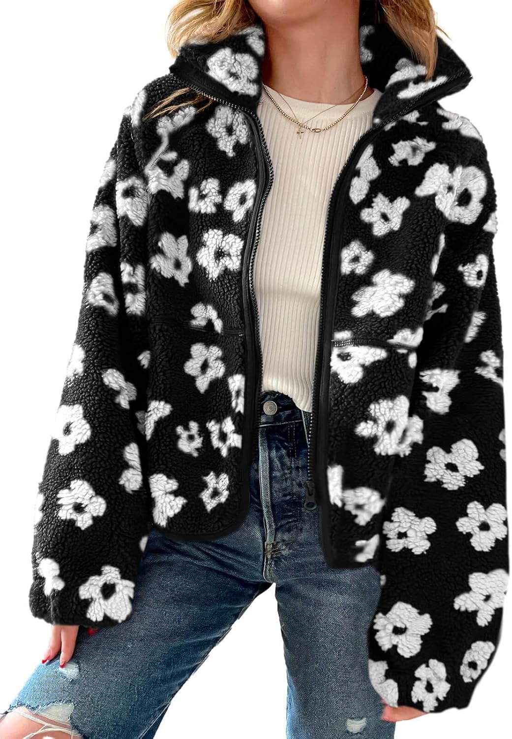 Tankaneo Womens Sherpa Fleece Jackets Floral Print Zip Up Winter Warm Teddy Coats Outerwear Tankaneo Womens Sherpa Fleece Jackets Floral Print Zip Up Winter Warm Teddy Coats Outerwear