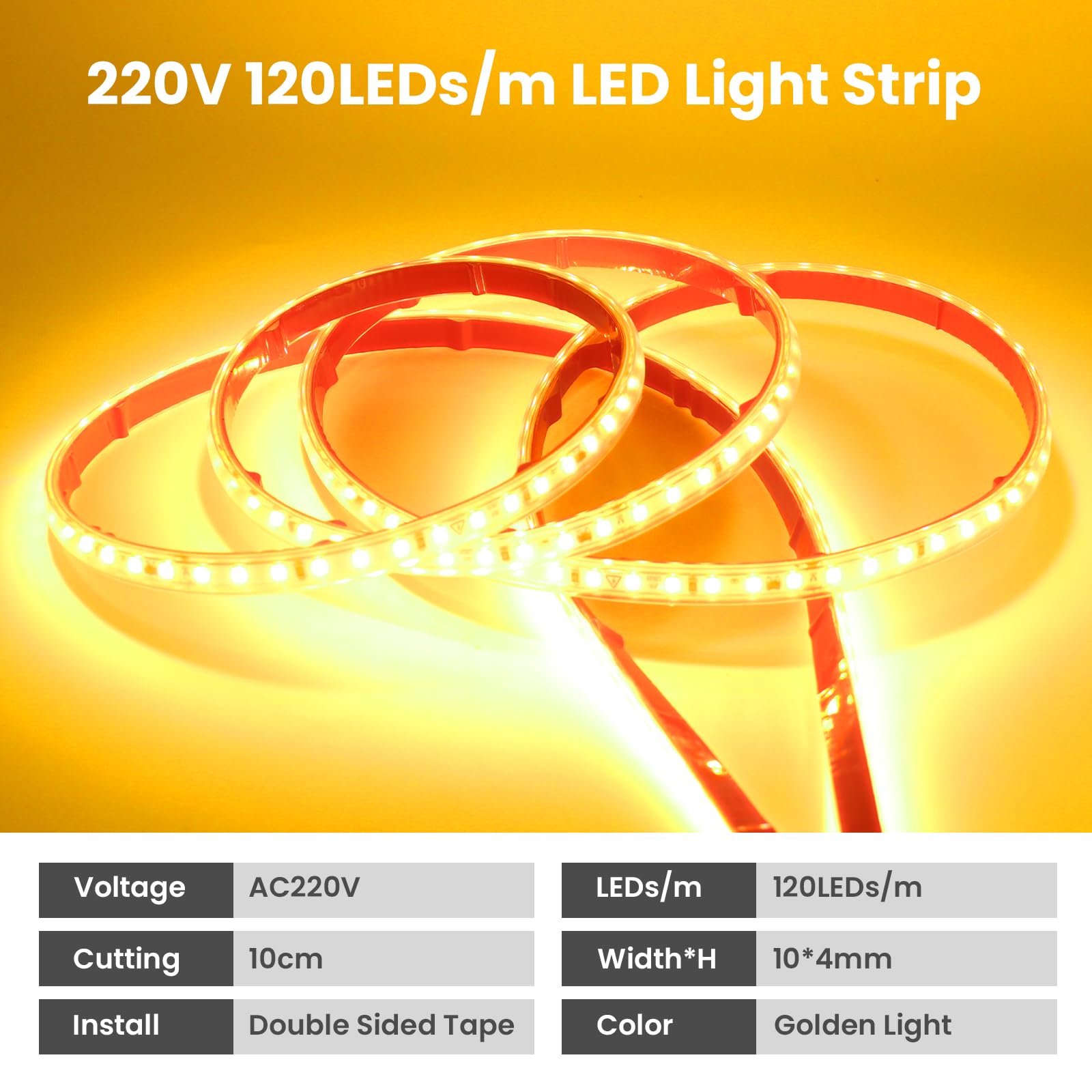220V Tira LED con On/Off [50m,Amarillo],IP65 Estanco Flexible,Tira de Luz LED Recortable CRI85+,Iluminación decorativa hogar/tienda