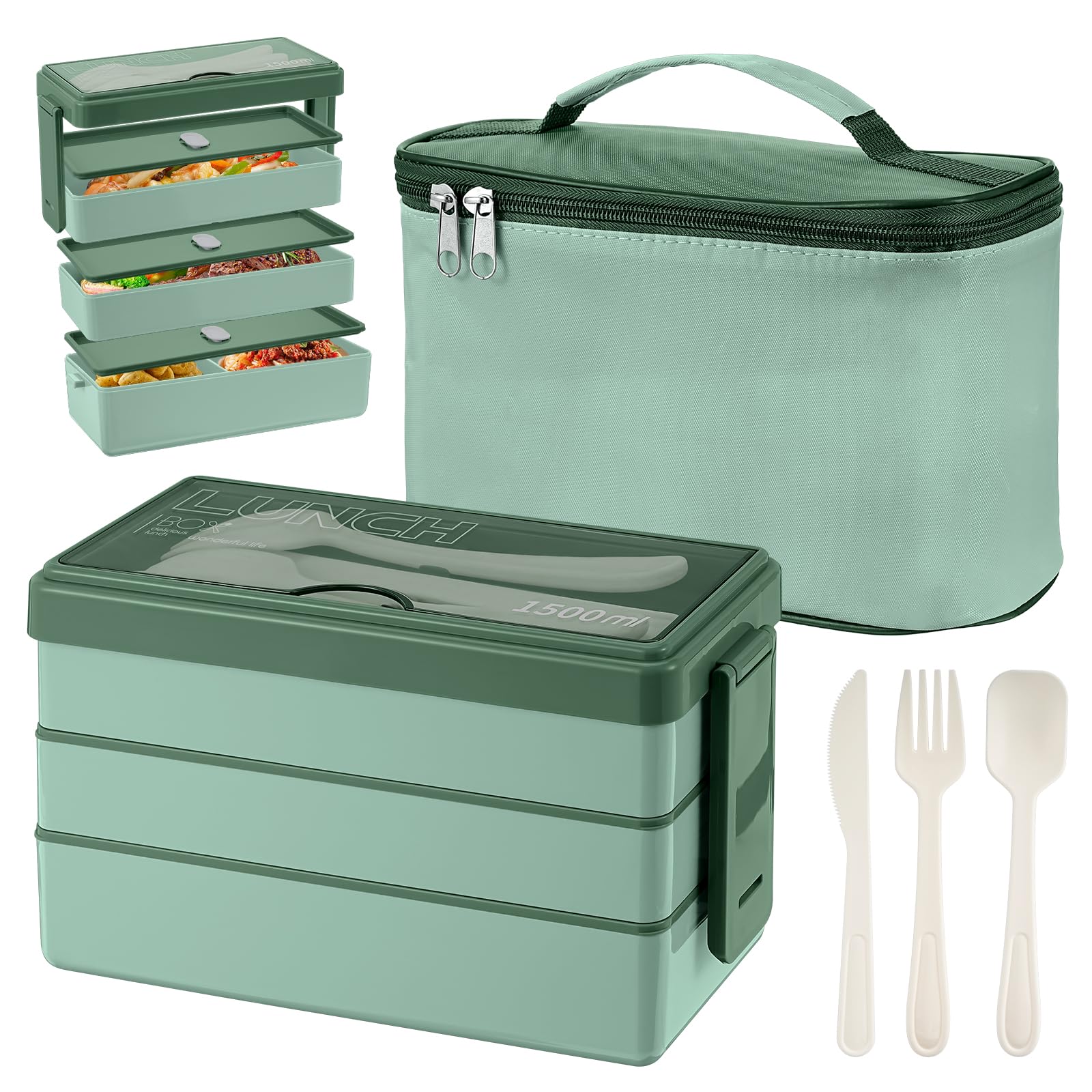 Yirochan 1500ml Bento Box with Bag - 3 Layer Lunch Box with Cutlery Set, 4-in-1 Meal Prep Container Box with Insulated Bag for Students Adults Office Microwave Dishwasher Safe (Green)