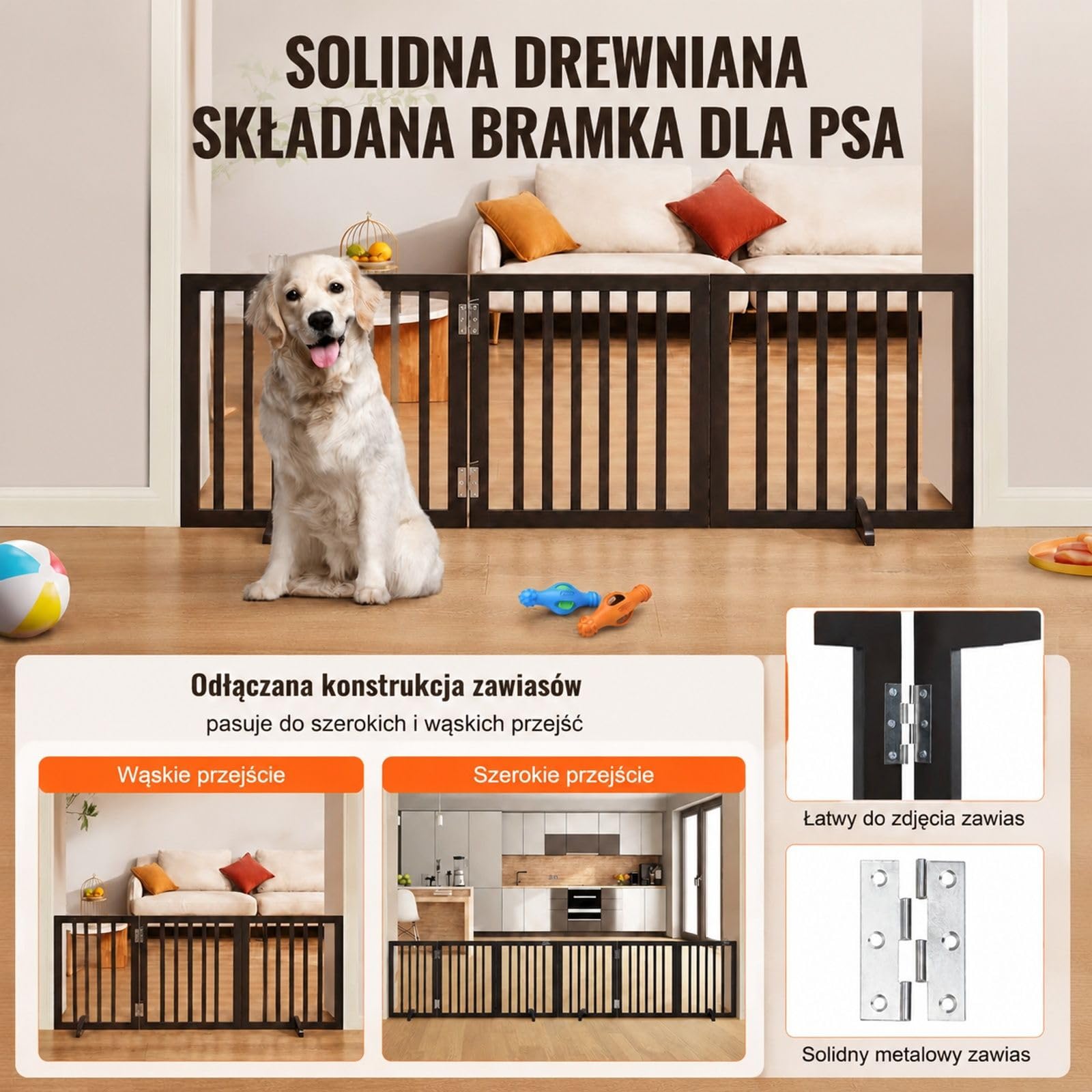 3-panelowa wolnostojąca składana bramka dla psa, brązowa barierka dla zwierząt z pionowymi szczeblami do drzwi, schodów i korytarzy