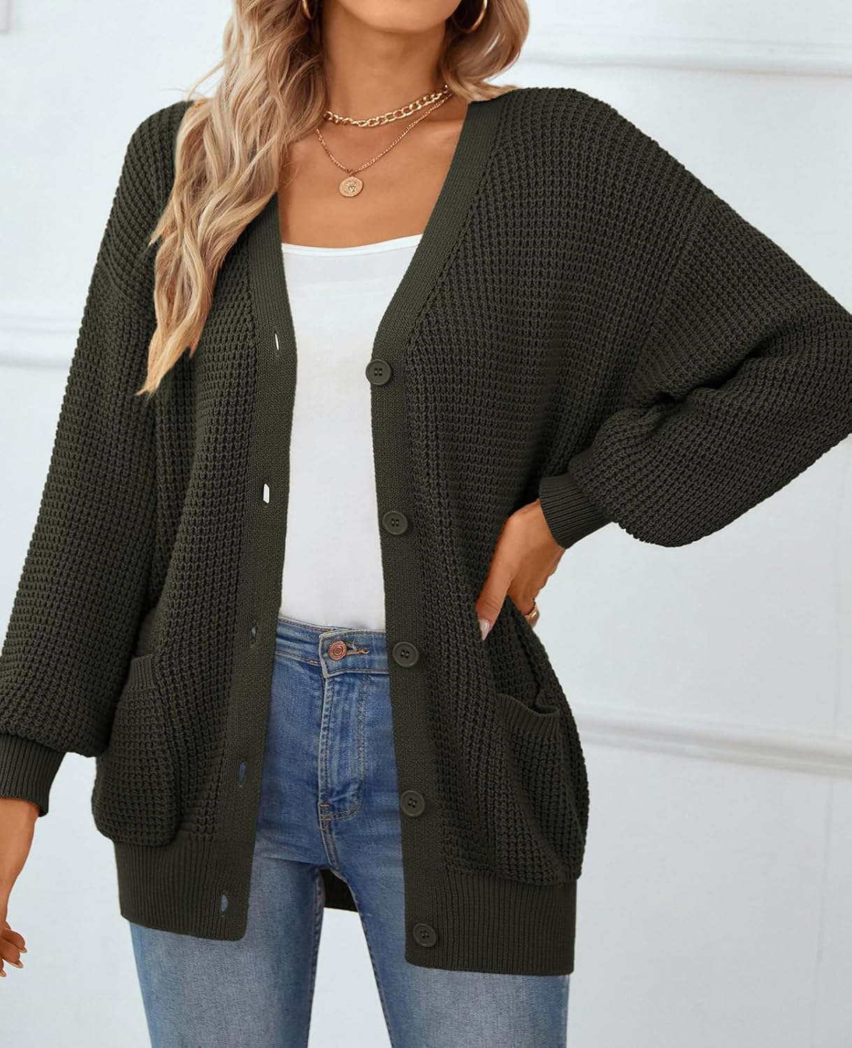 QUALFORT Cardigan Sweaters for Women 100% Cotton Button-Down Oversized Knit Cardigans with Pockets for Fall Winter Trendy - Image 5