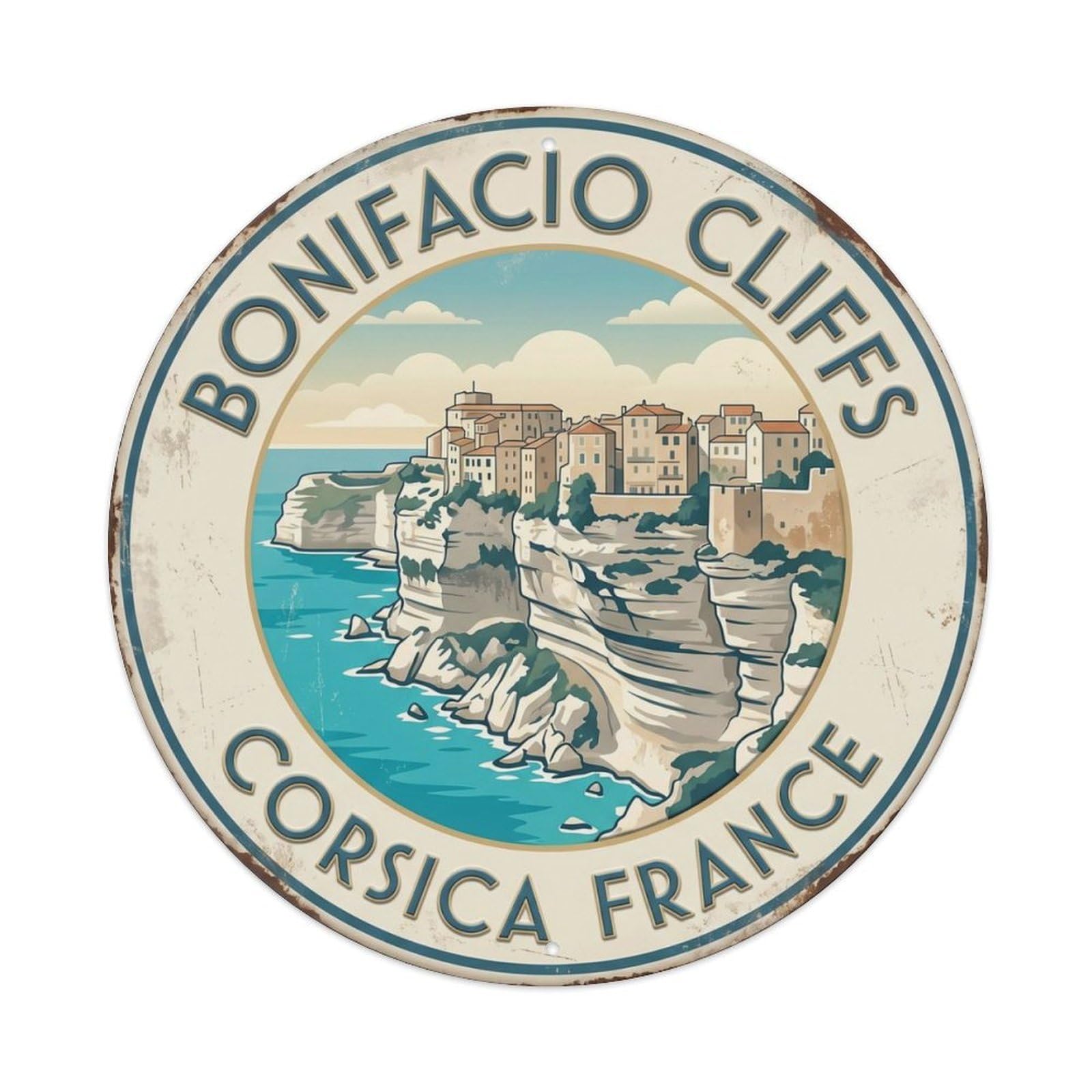 Bonifacio Cliffs Corsica France Coast Metal Tin Sign Plaque Wall Decor for Cafe, Club Bar, Office, Home Garden Round Metal Poster 8x8Inch
