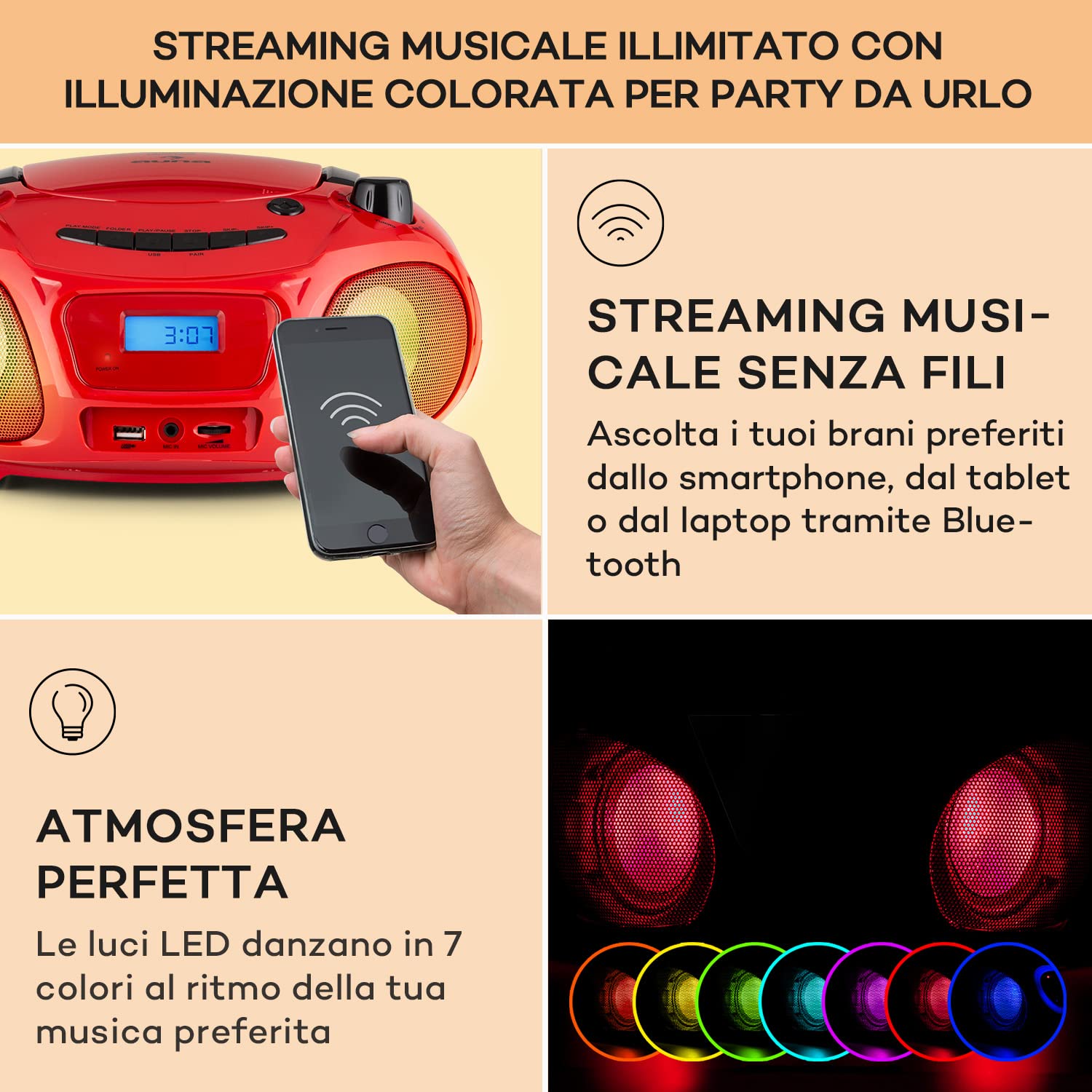 Auna Portatile Bluetooth con Lettore CD, Boombox 3W, Radio FM Stereo, AUX, Display a LED, USB, Bluetooth 5.0, MP3, Ricaricabile Vintage