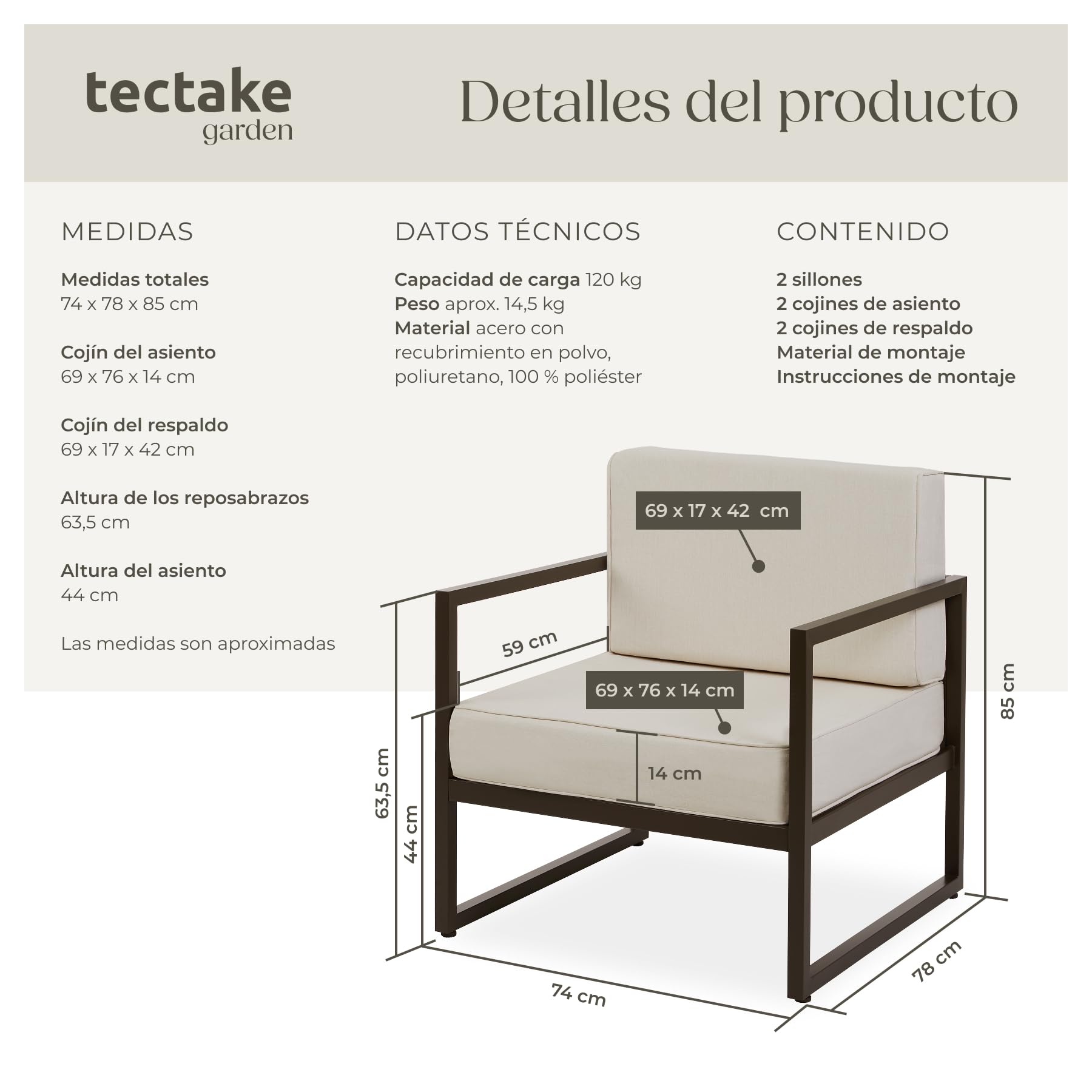 tectake® Conjunto Jardín Exterior de Acero, Sillones Terraza con Acolchado Grueso, Sillas Jardín con Pies Ajustables, Muebles Jardín Exterior, Fundas Repelentes al Agua, Sofás para Jardín - 2 plazas