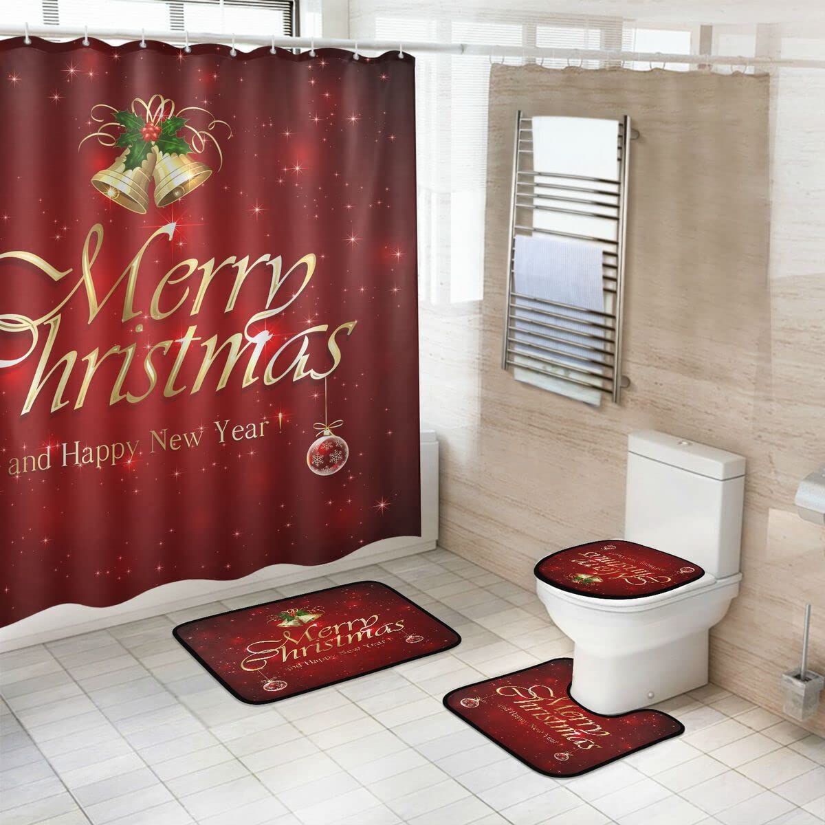 Mnsruu Lot de 4 rideaux de douche avec 12 crochets Motif boule de Noël Rouge