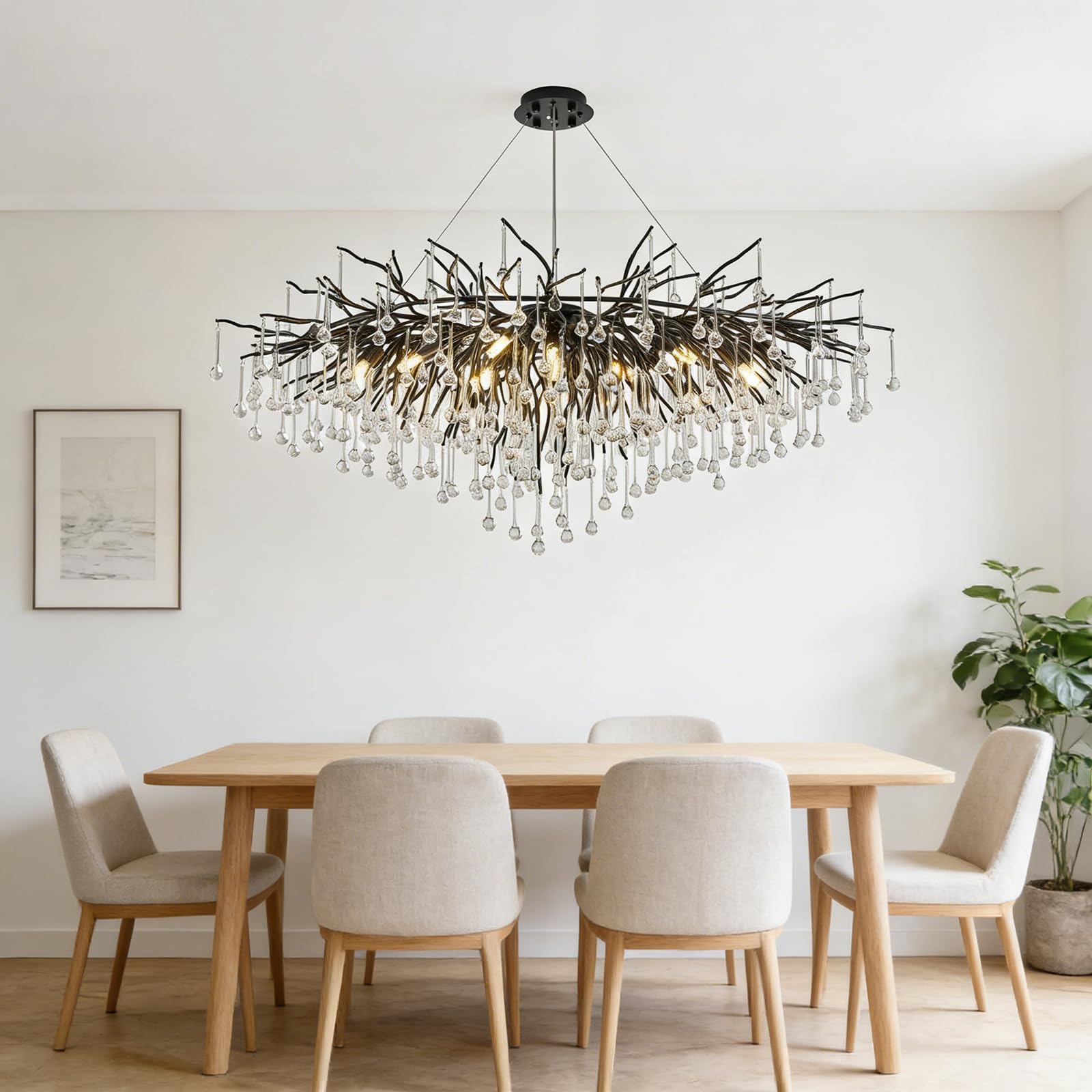KXEcoLife Modern Crystal Chandelier, Rectangular Tree Branch Raindrop Chandelier Large Pendant Light Fixtures Kitchen Island Hanging Fixture for High Ceiling, Dining Room, Foyer - L100CM,Bl