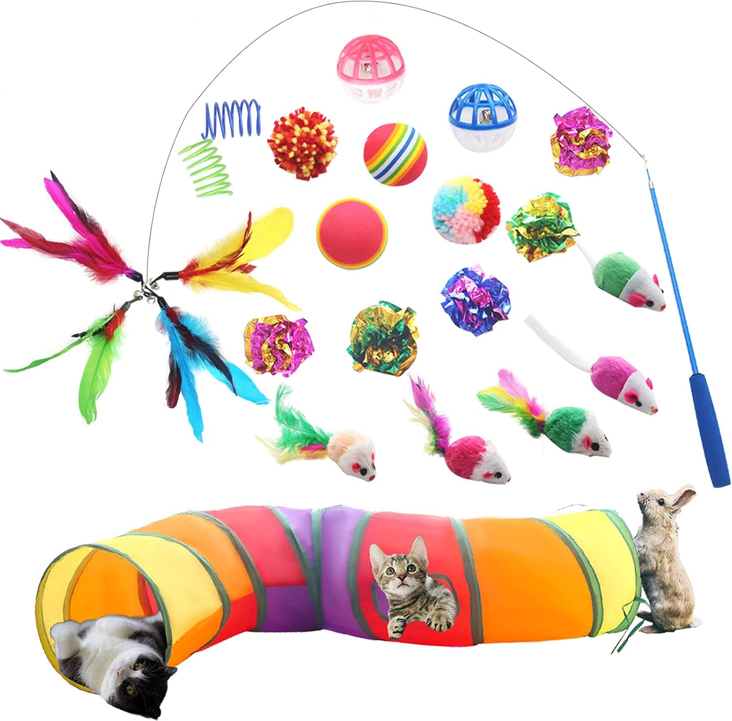 Cat Toys with Rainbow Tunnel, 24PCS Kitten Toy Bundle Including Interactive Wand, Feather Mouse Mice, Crinkle Bell Balls for Indoor Cats…