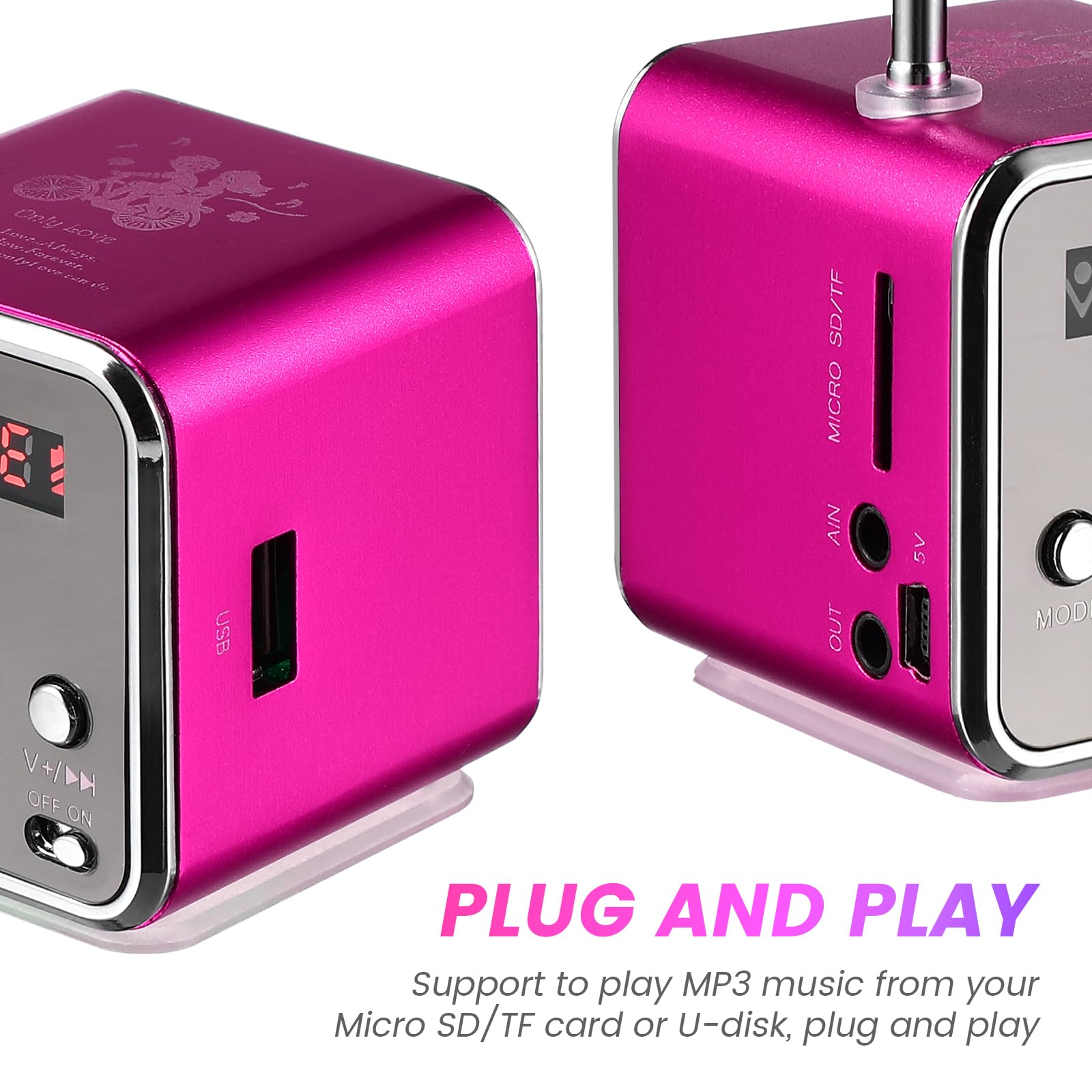 ULTECHNOVO Mini Radio Mit Batterie Td-V26 Mini Drahtloser Musikplayer Stereolautsprecher Mp3 Mp4 Musikplayer für Computer Handy Unterstützung für Micro/U-Disk, Rosig Radiowecker Rosa