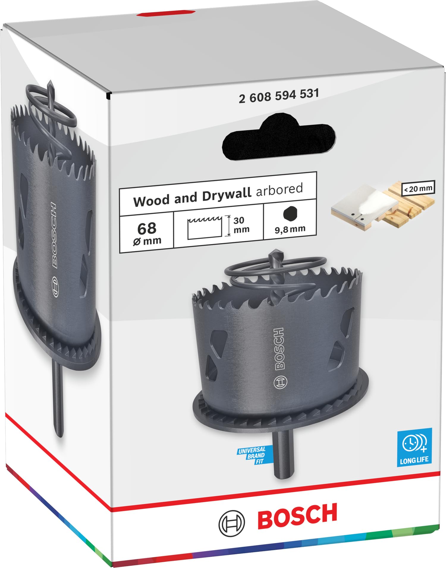 Bosch 1x Lochsäge mit Adapter und Randsenker für Holz und Trockenbauwände (für Trockenbauwand, Weichholz, Ø 68 mm, Professional Zubehör Bohrmaschine)
