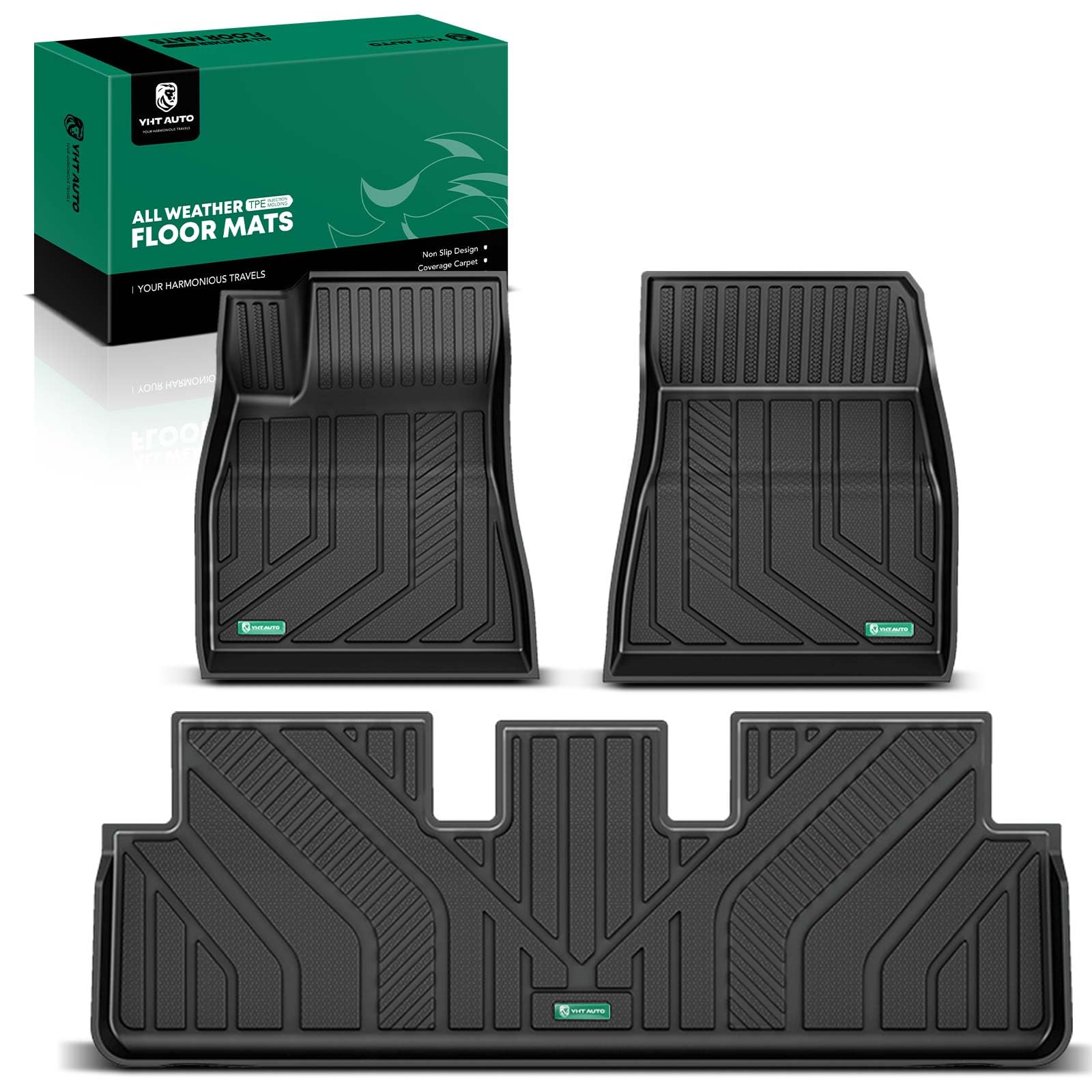 YHTAUTO Automotive All Weather Floor Mats Compatible with Tesla Model 3 2024, Car Mats Custom Fit TPE Floor Liners Front & Back Seat, Black, Set of 3