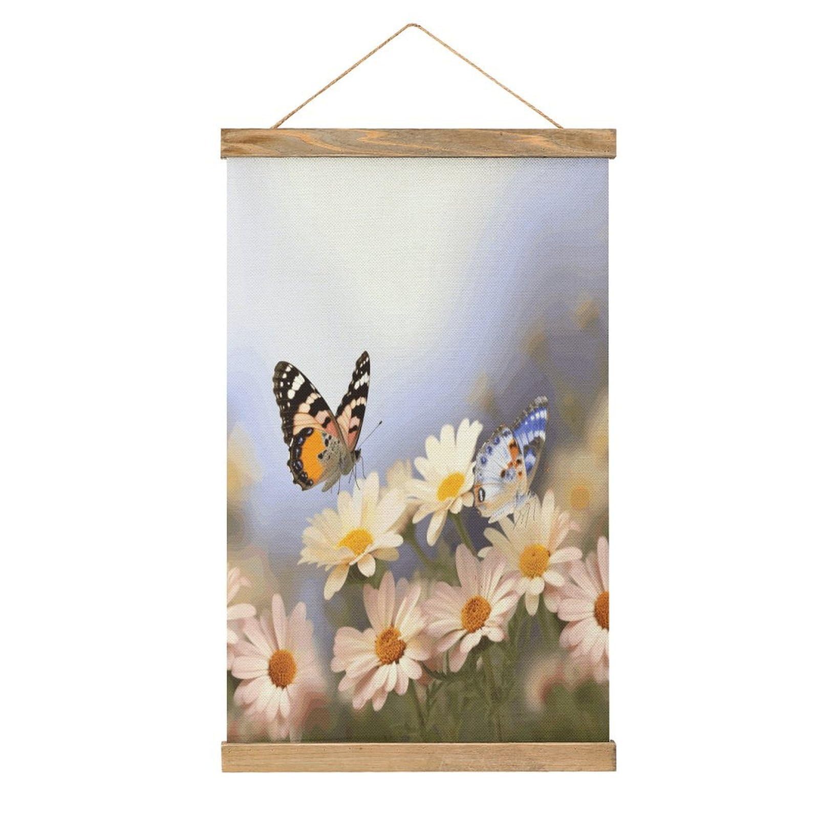 FekiLoot Butterfly Daisy Wall Art Poster Hanger Frame Linen Wall Art Decor Vintage Hanging Poster Hanging Wall Decor Rustic Retro Wall Art Print for Living Room Decor 20.4 X 13.1Inches