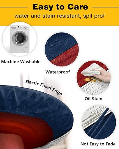 Miniatura 3 de Navy Blue Red White Round Fitted Tablecloth with Elastic Edge, Outdoor Table Cloth Waterproof, Farmhouse Wooden Striped Patio Table Covers for