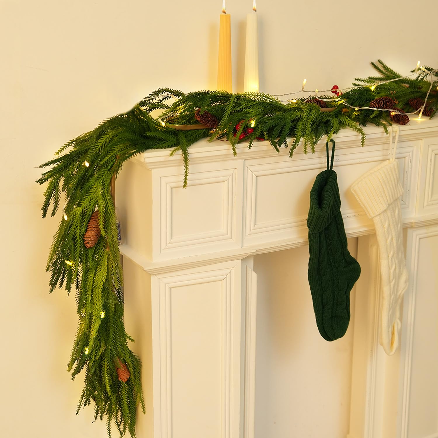 Artificial Norfolk Pine Garland for Christmas Decorations, Realistic Faux Greenery Garlands with Pine Cone for Holiday Mantle Stair Indoor Outdoor Decor