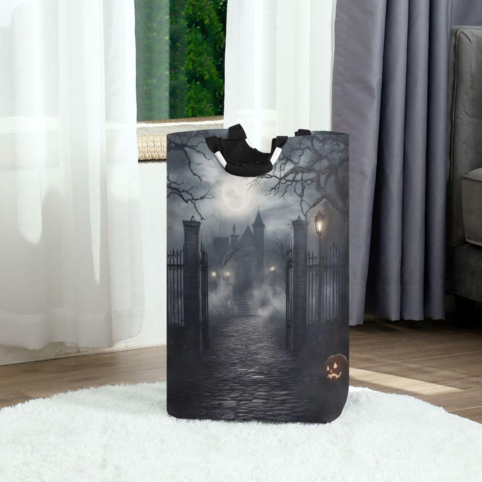 Jihqo Laundry Hamper Basket Haunted House Halloween Collapsible Nursery Storage Bin Waterproof Clothing Baskets for Home Bedroom Bathroom Washing Room