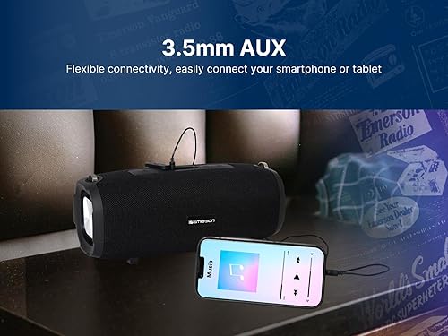 Miniatura 8 de Emerson EAS-3000 Altavoz Bluetooth portátil con correa de transporte, batería recargable incorporada, entrada AUX de 0.138 in, carga USB y altavoces