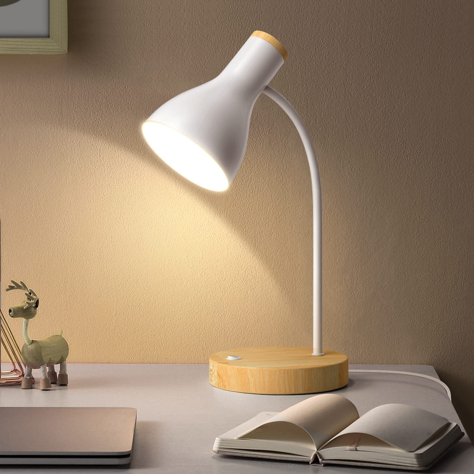 LALISU Tischlampe Basic LED Leselampe im Klassichen Holz-Design, Schreibtischlampe Augenschutz Tageslichtlampe, Verstellbarem Arm (Weiß)