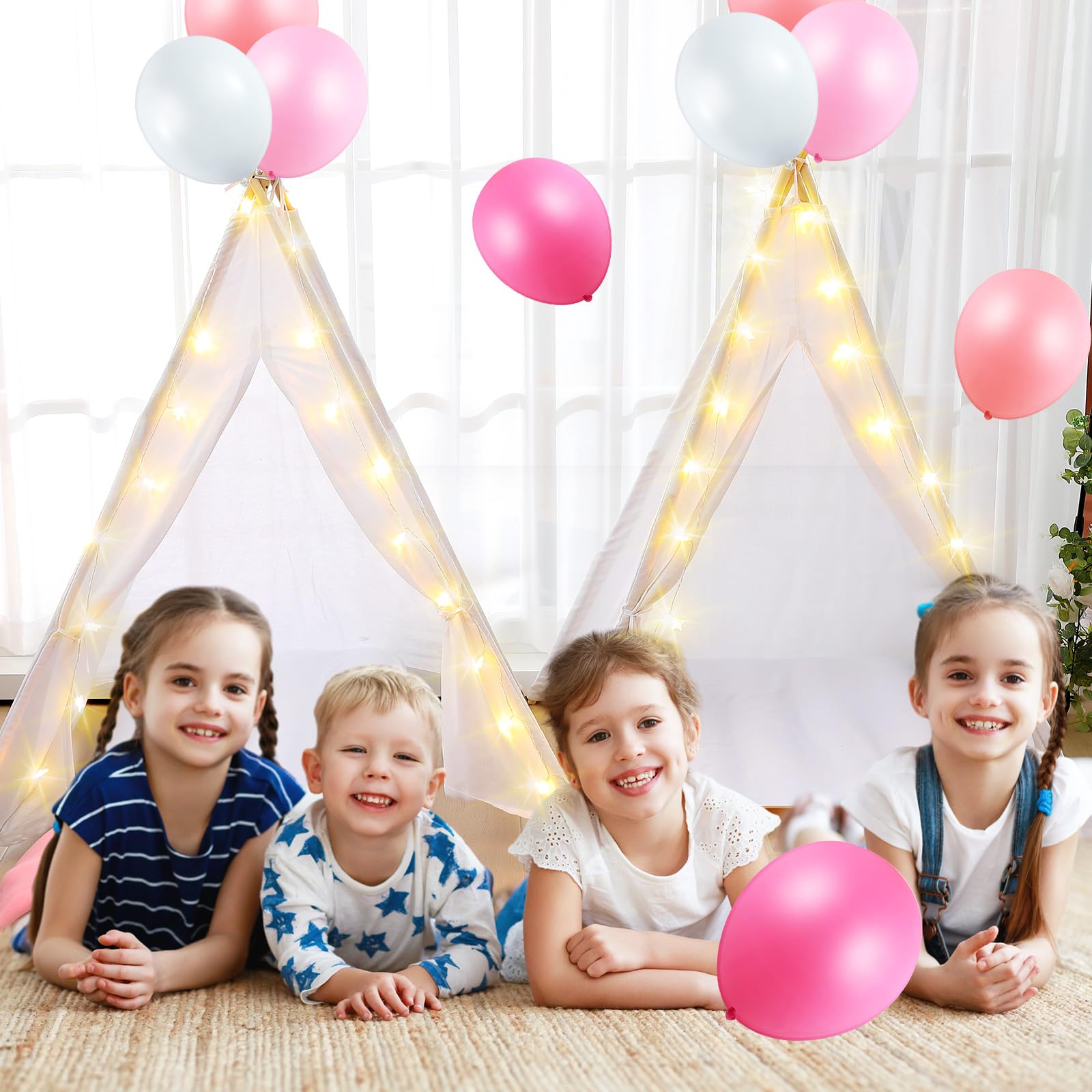 Paquete de 8 tiendas de campaña para fiestas de niñas, tipi para fiestas de pijamas infantiles, a granel con cuerda de luz, colchón de aire, sábana bajera, algodón natural lavable, tipi para 4