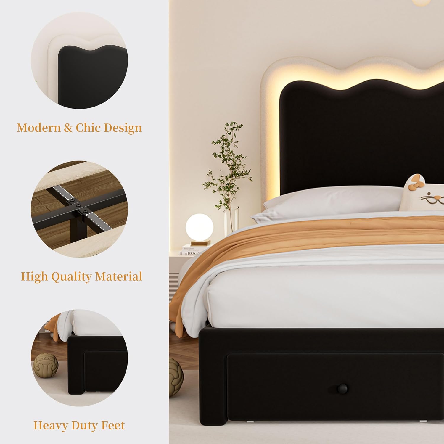 Queen Bed Frame with 2 Under Storage Drawers & Double Wavy Headboard, Velvet Metal Upholstered Platform Bed with LED, Wooden Slats Support, No Box Spring Needed, Black