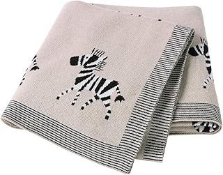 DovFanny Baby Blanket 100% Cotton Knitted Soft Blanket for NewBron with Lovely Zebra, 100 x 80cm Brown