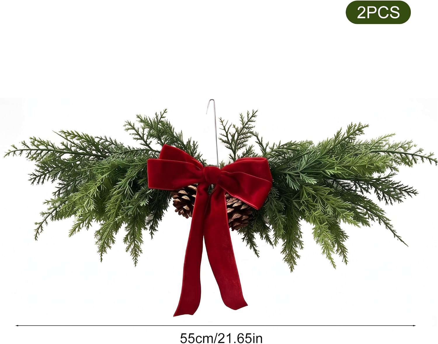 Teardrop Swag 2Pcs Pine Needle Christmas Swags with Velvet Bow & Pinecone