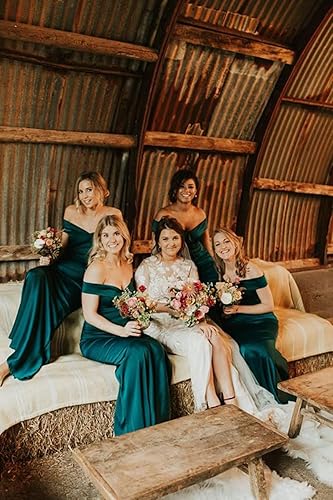 Miniatura 4 de Vestidos de dama de honor de sirena con hombros descubiertos para boda, vestidos de noche formales de satén, vestido de fiesta ajustado con cola