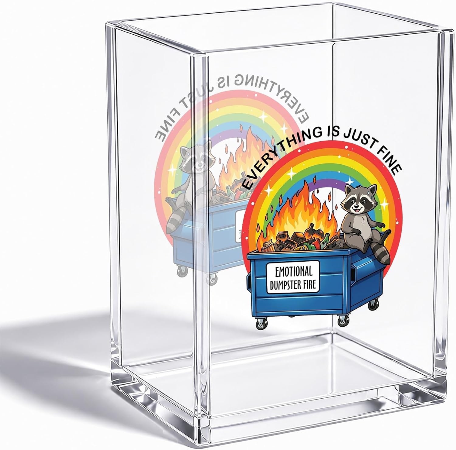 Funny Rainbow Raccoon Dumpster Fire Office Acrylic Pencil Pen Holder Cup-Everything Is Just Fine Cute Desk Pen Organizer-Inspirational Gifts Ideas for Women Men-Coworker Cubicle Desk Decor-A-43