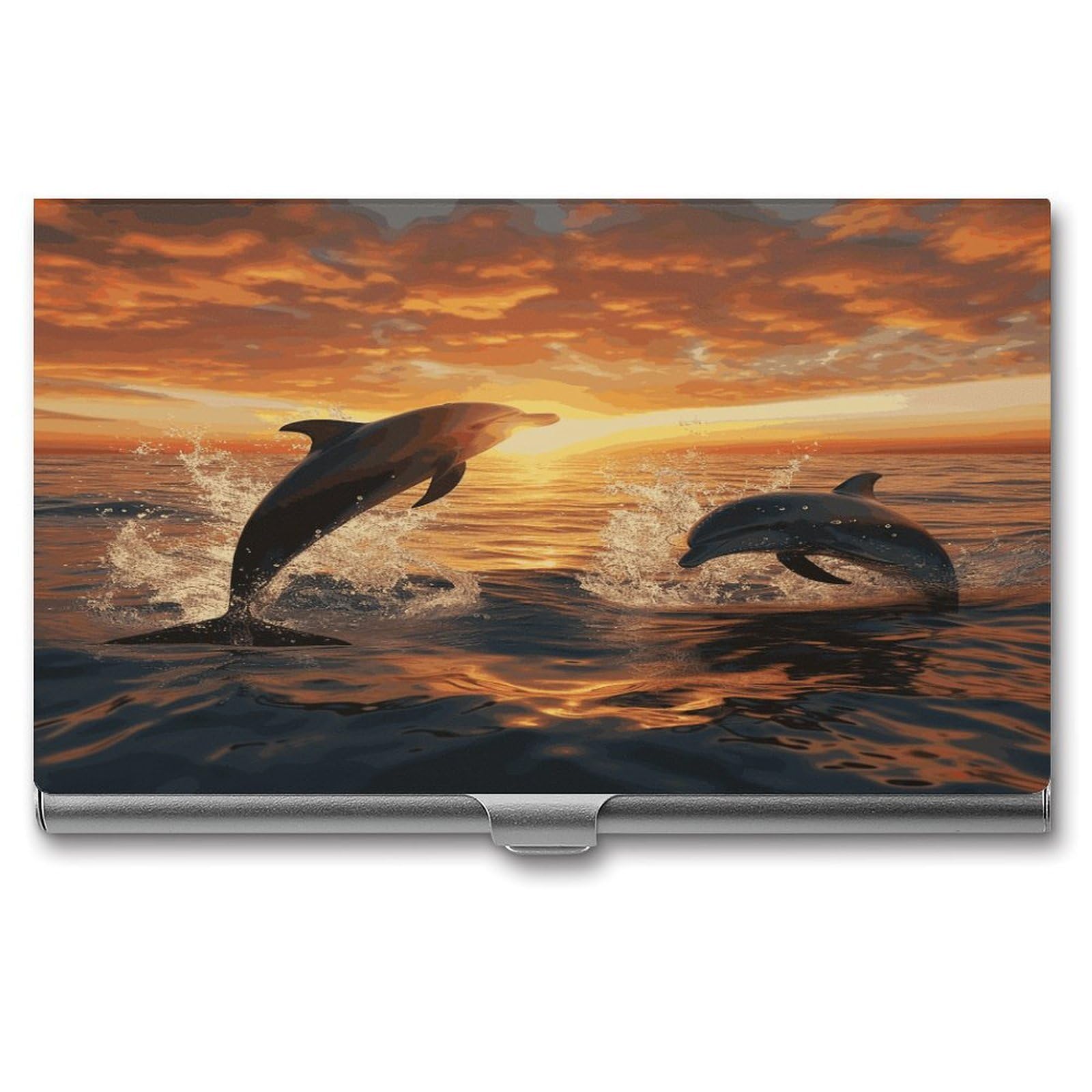 JTREHY Dolphins Jumping Out of The Water at Sunset Business Card Case Convenient to Carry Business Card Dispenser Durable Not Prone to Wear And Tear Business Card Holder for Men & Women