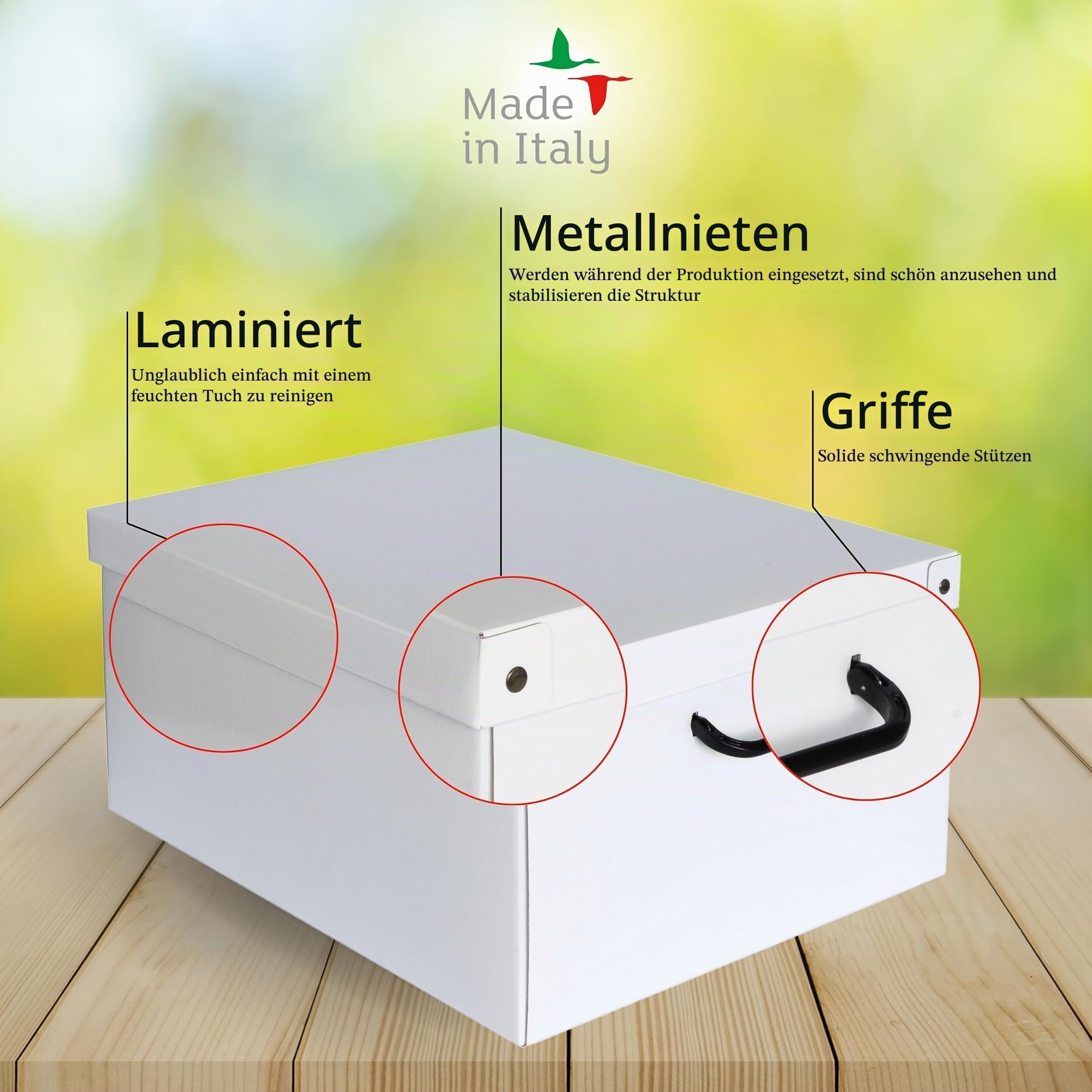 Lavatelli Set aus 6 Aufbewahrungsboxen mit Deckel – Große Kleiderboxen aus Karton 39x50x24 cm – Robust, leicht zu montieren, mit Tragegriffen – Perfekt für Kleiderschrank & Saisonwechsel Hortensien