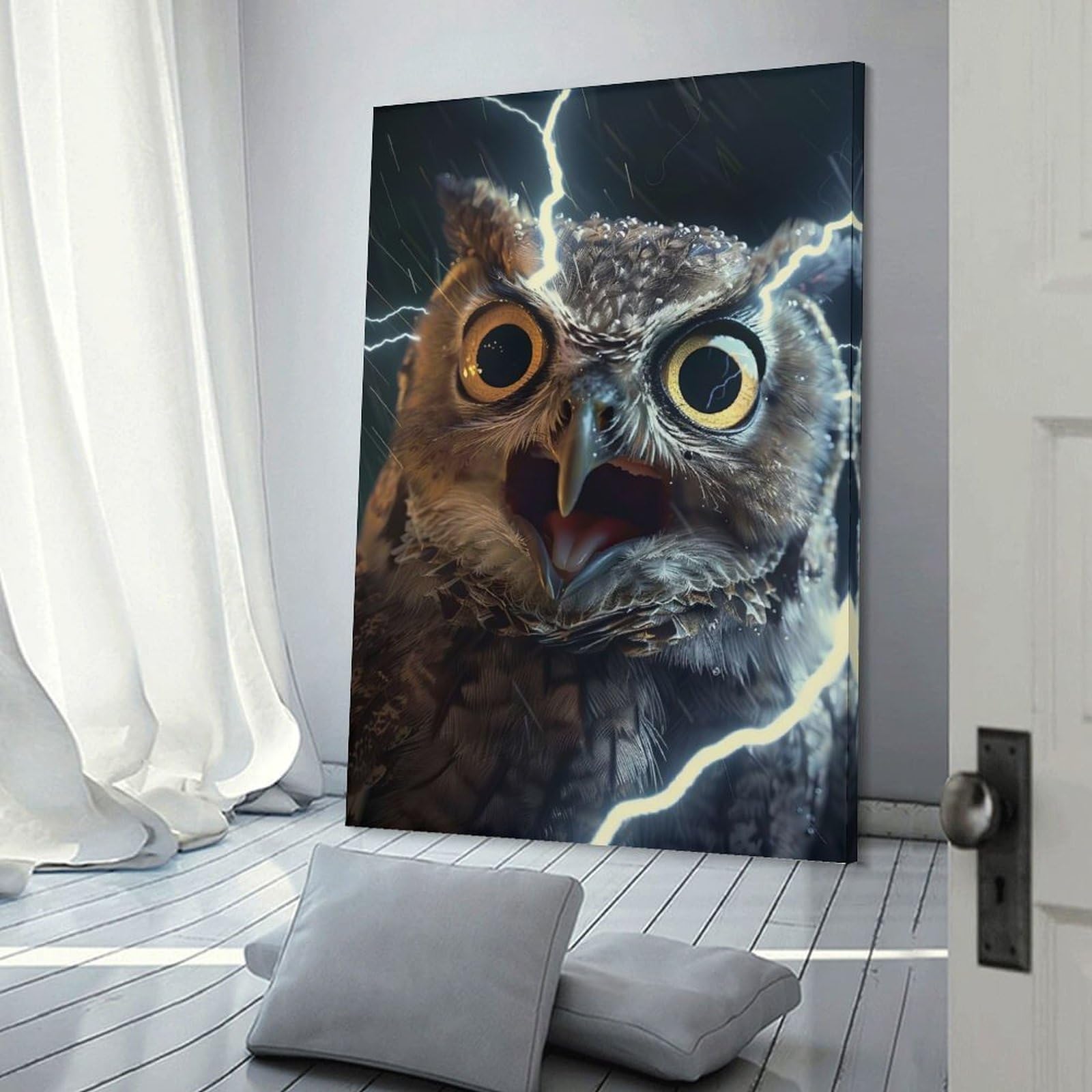 Junmoney Wall Decor Canvas Print Owl Lightning, 20x30inch(50x75cm), for Study, Office Or Focused Interiors, Wall Art That Adds Style to Work Areas