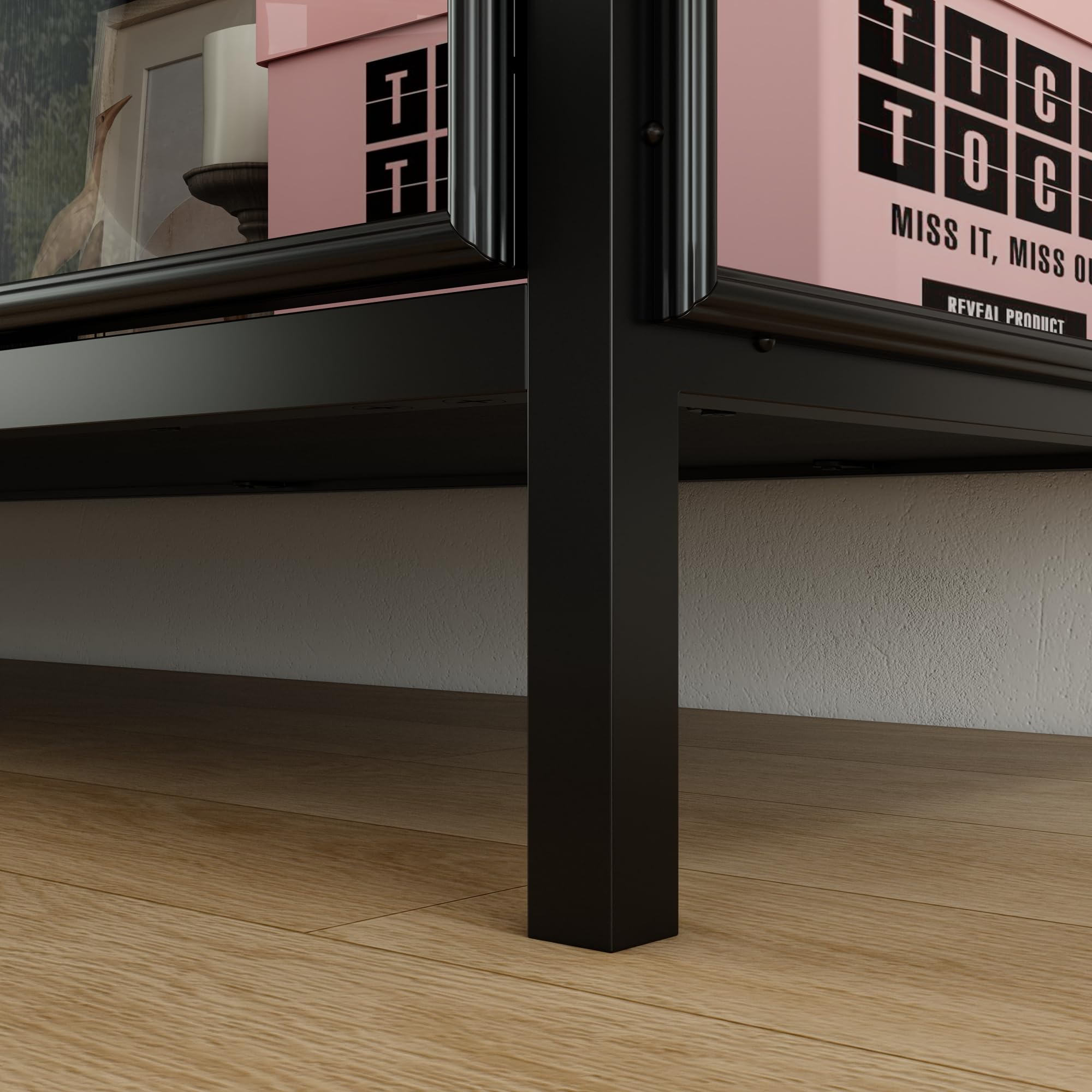 Vetrina credenza in vetro, credenza in vetro a 2 ante con telaio in ferro, vetrina in vetro con strisce luminose a 3 colori, 40 x 140 x 75 cm, nero
