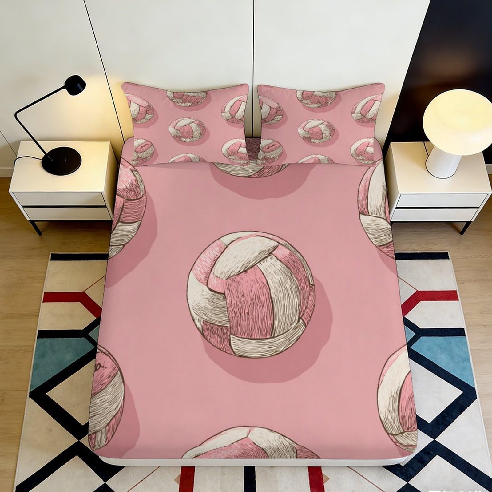 3D Printed Pink Volleyball Fitted Sheet Microfiber Soft Breathable Sport Pattern Bed Cover for Bedroom Dormitory Guest Room Mattress Protection Decor 120x200x25cm