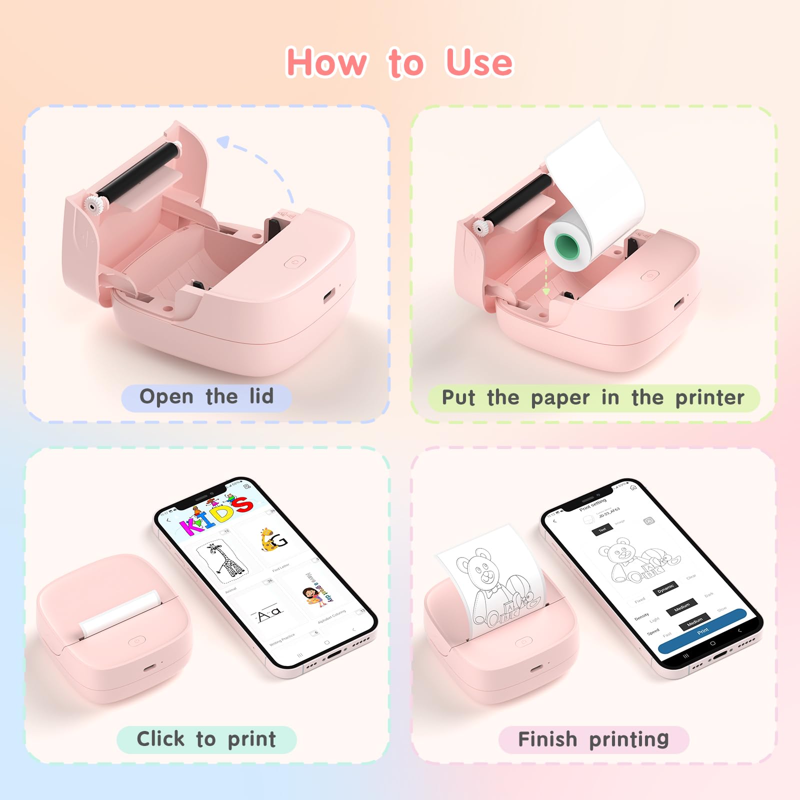Gloryang Stampante per adesivi, mini stampante termica Bluetooth con 2 rotoli di nastro di carta, etichettatrice tascabile portatile con app intelligente per telefono e tablet, rosa