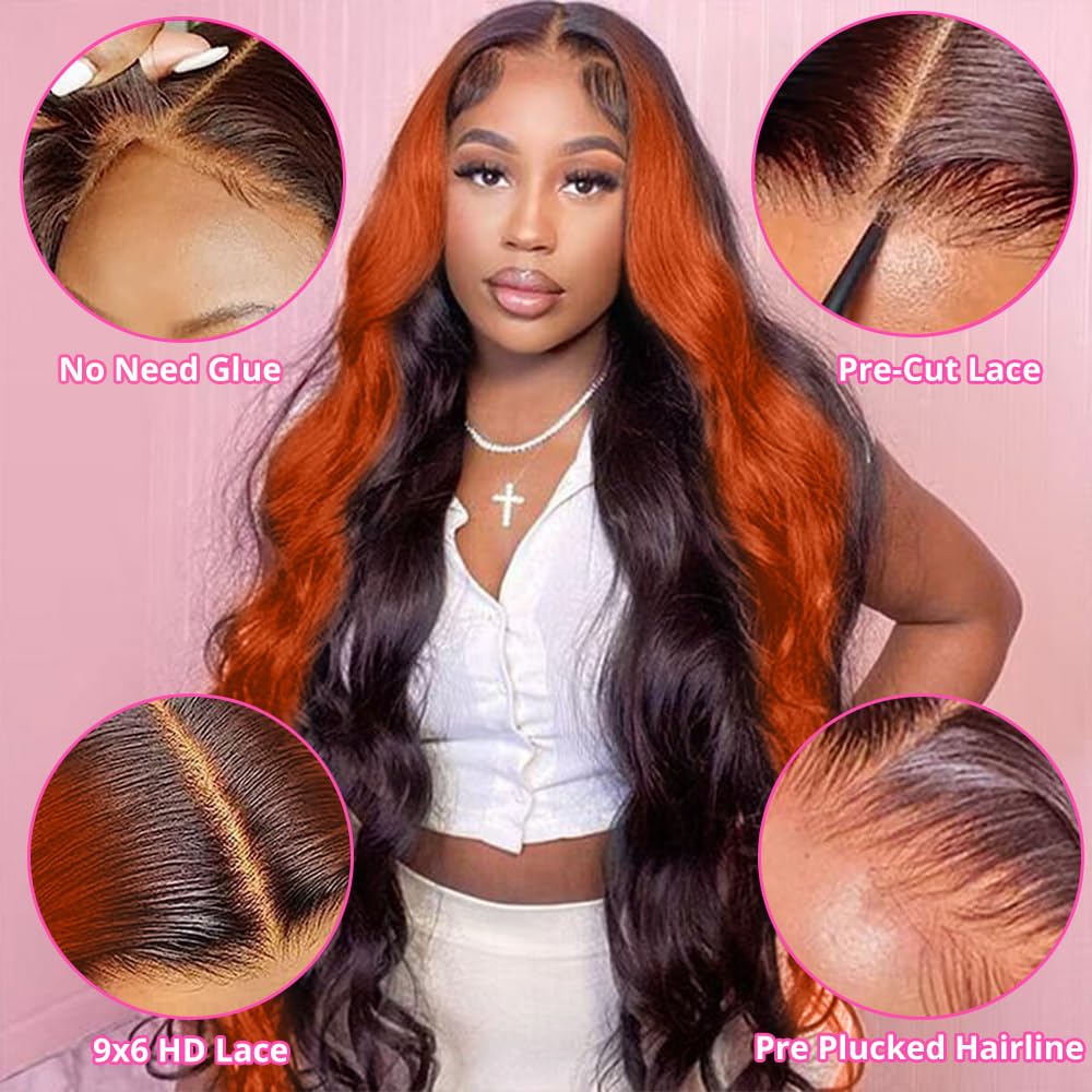 200% Density Wear And Go 9x6 Glueless Wigs Human Hair Pre Plucked Pre Cut For Beginners Ginger Body Wave Lace Front Wigs Human Hair For Black Women HD Lace Closure Colored Glueless Wig(24 INCH)