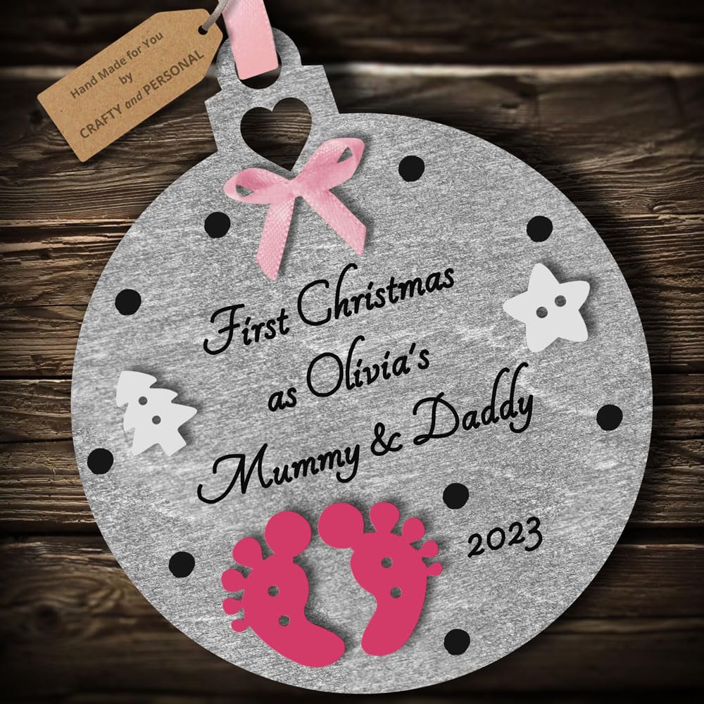 Multi-Colour Personalised First Christmas as Mummy and Daddy Bauble tree decoration wooden hanging ornament keepsake gift for parents babys 1st Christmas (Silver #2)