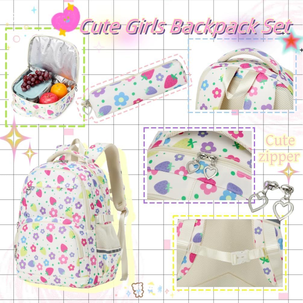EKUIZAI Flower Backpack Set for Girls,StrawberrySchool Bags for Middle School Students Elementary Bookbags for Teen Girls - Image 3