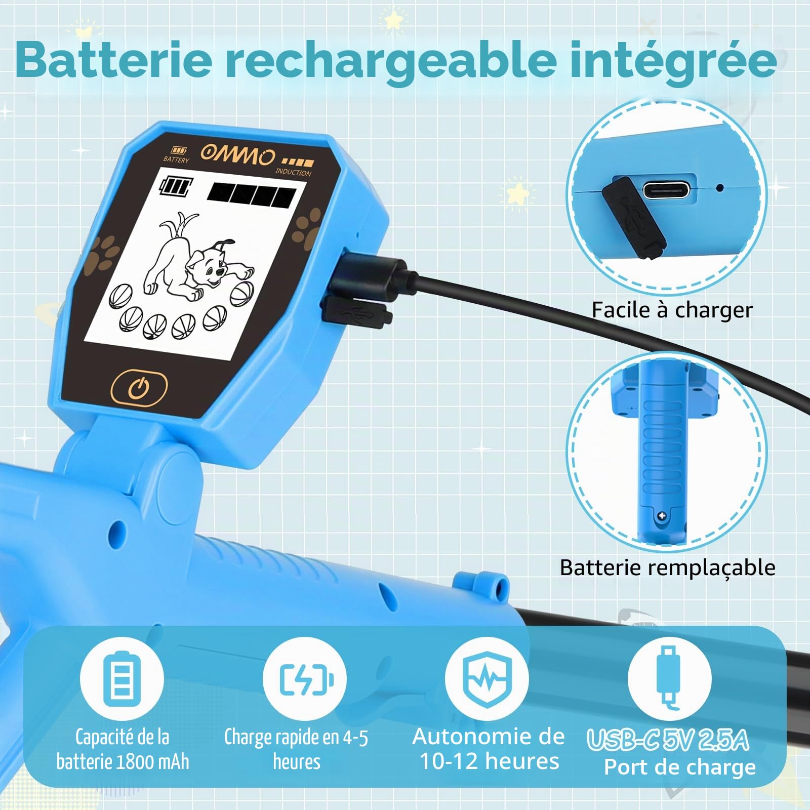 【Type-C】 OMMO Détecteur de Métaux Enfants, 72-100cm Réglable Détecteur de Métaux Rechargeable avec Écran LCD, Haute Sensibilité, IP67 Étanche pour Exploration en Plein Air, Recherche de Métaux (Bleu)