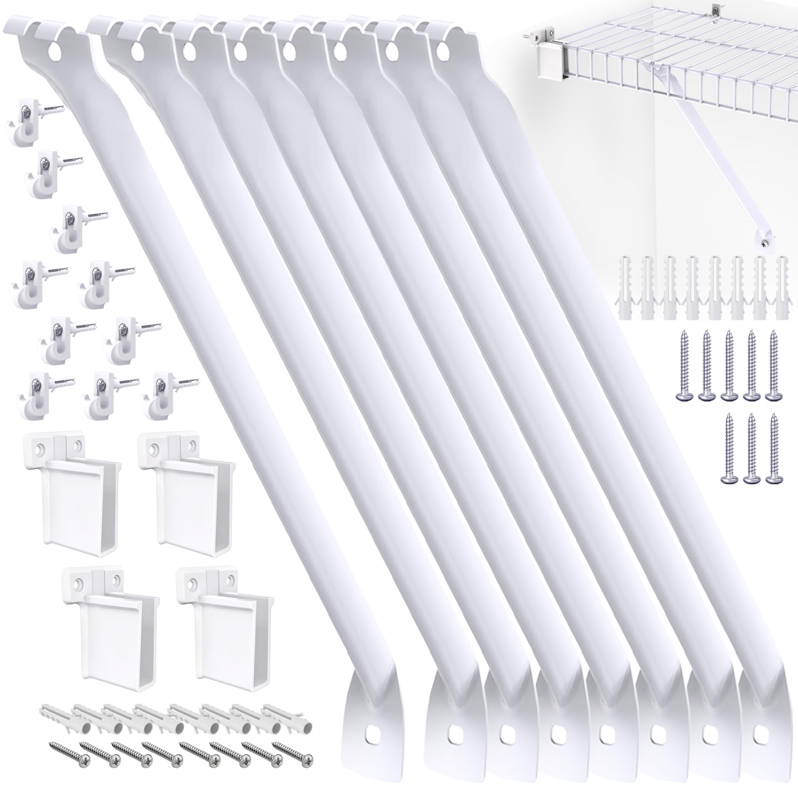 8 pcs 12 inch wire shelf brackets, metal support brackets with 10 wire shelf clips and 4 end brackets, wire closet support shelving for closet shelves racks and wardrobe